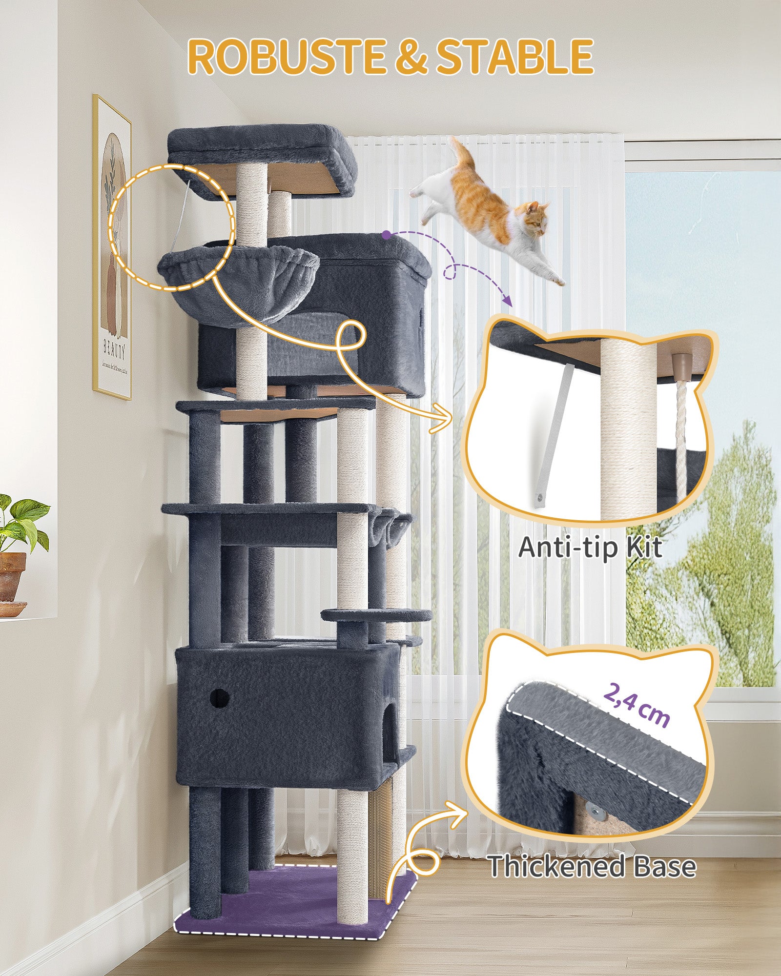 Hzuaneri Cat Scratching Post 200 cm XXL with 10 Scratching Posts, 2 Caves, 2 Hammocks, Large Platform, Cat Brushes, Basket, Heavy Cat Tree for Maine Coon, Large Cats, Dark Grey MS20018SG