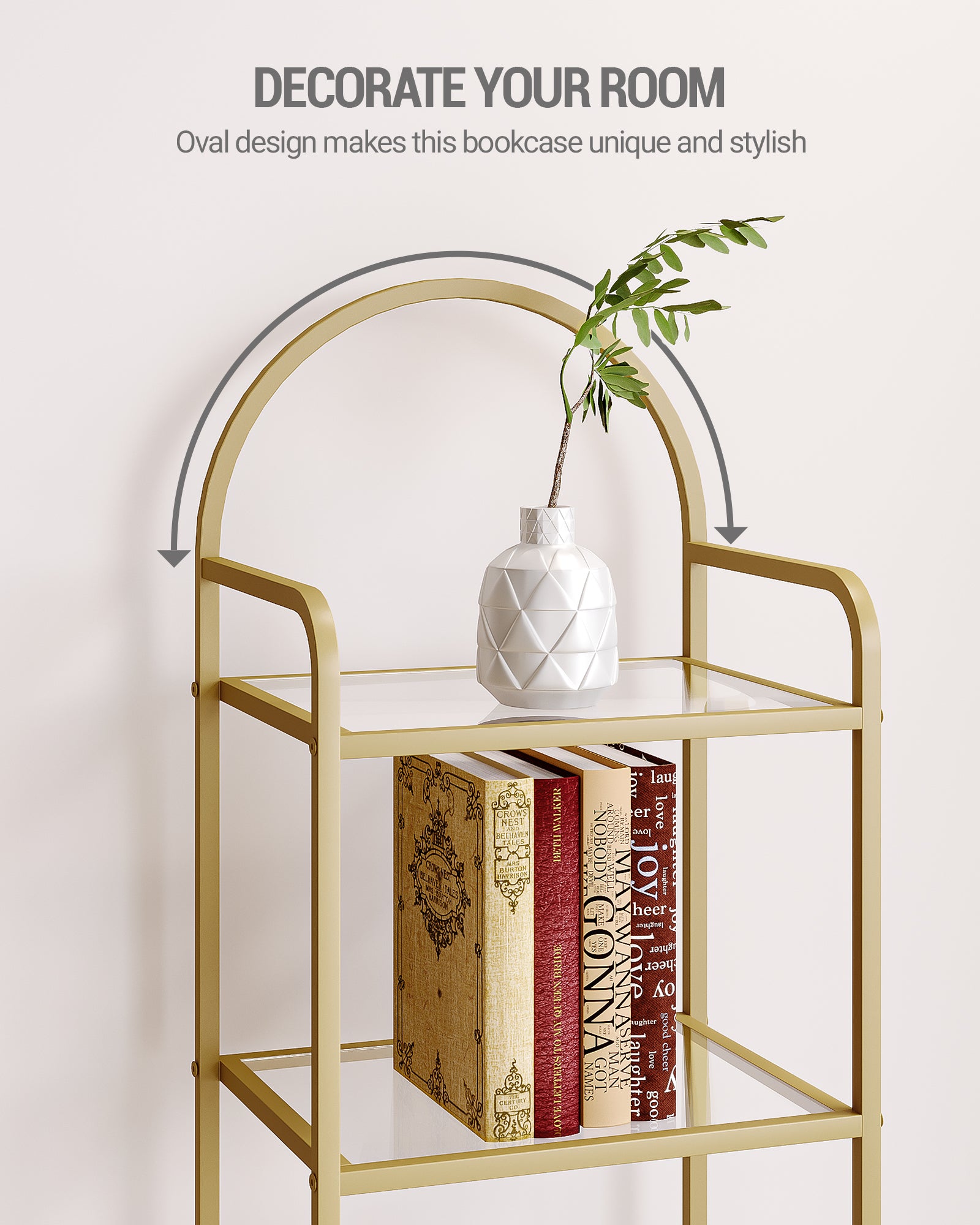 Hzuaneri 5 Tier Bookcase Bookshelf, Tempered Glass Bookshelves, Slim Shelving Unit for Bedroom, Bathroom, Home Office, Steel Frame, Gold BC05001G