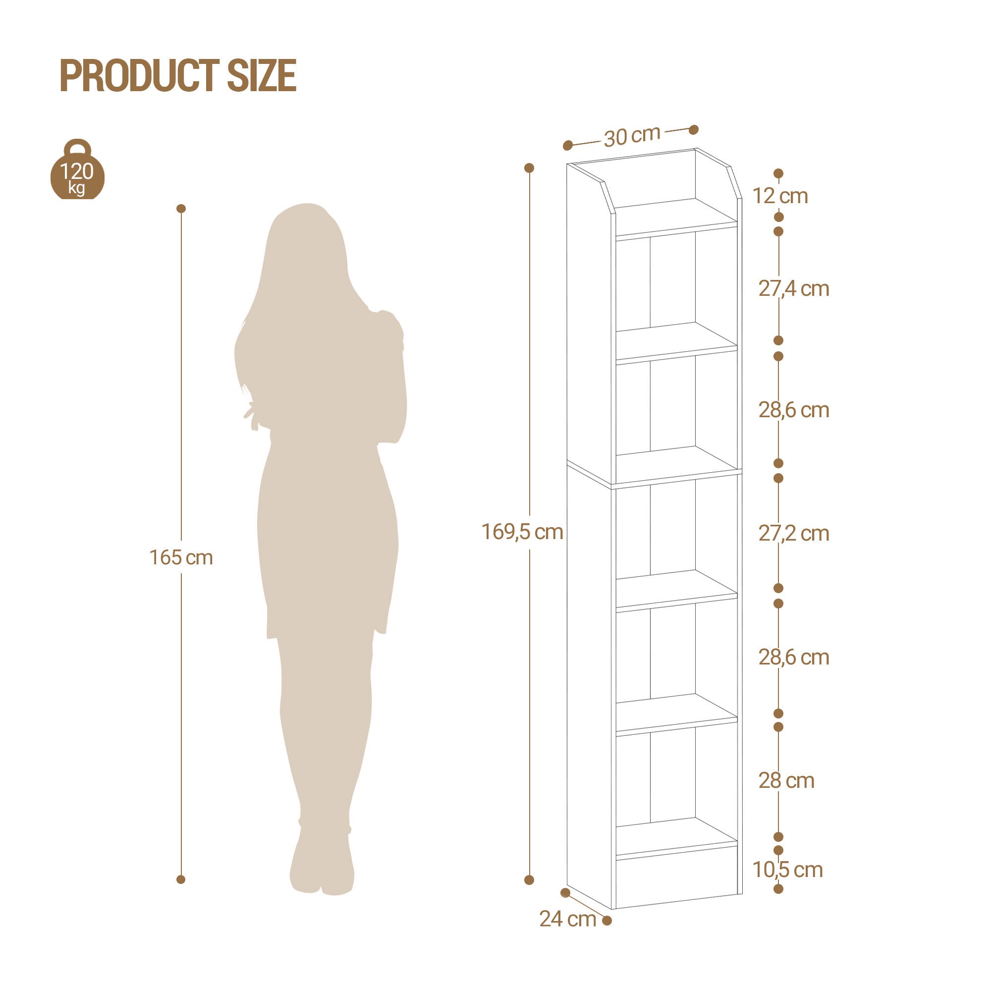 Hzuaneri Bookcase, 6-Tier Narrow Tall Bookshelf, Wooden Bookshelf with Adjustable Shelf, Open Storage Shelf for Bedroom, Living Room, Home Office, 24 x 30 x 169.5 cm, White, BC06913X
