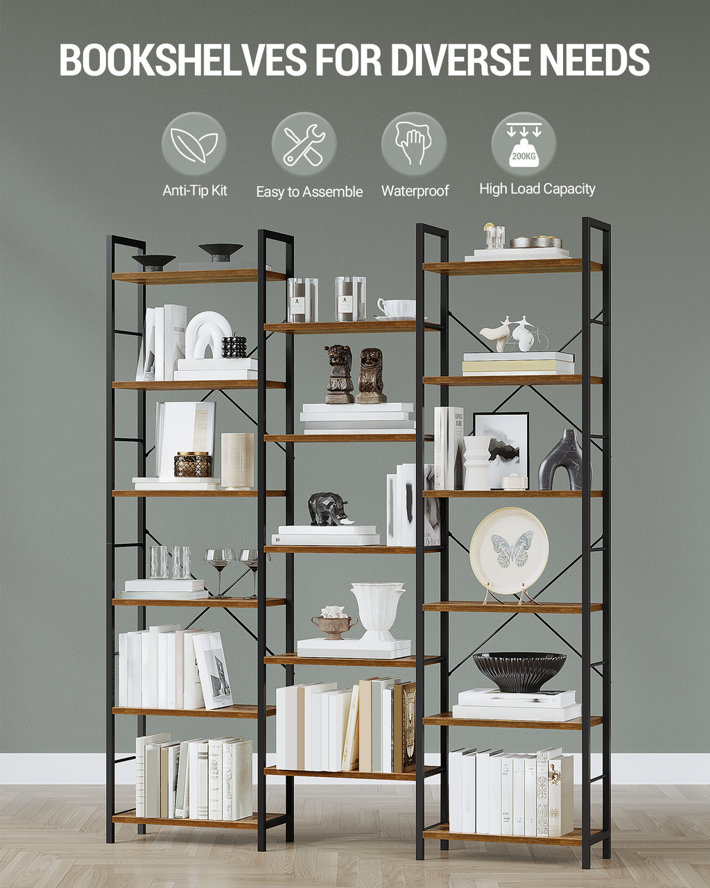 Hzuaneri bookshelves, free-standing shelves, shelf with 17 shelves, 6 tiers, 24 x 152 x 186 cm