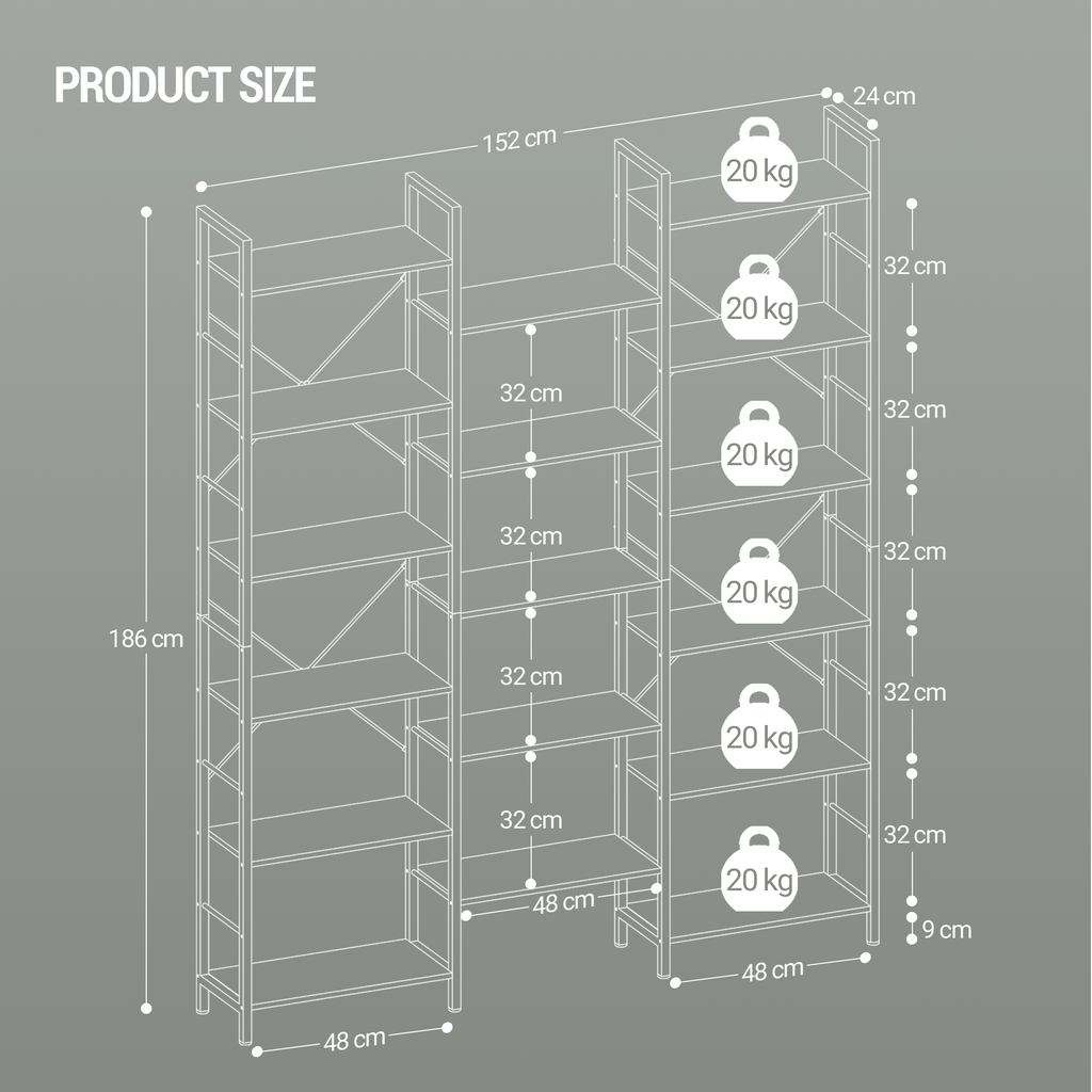 Hzuaneri bookshelves, free-standing shelves, shelf with 17 shelves, 6 tiers, 24 x 152 x 186 cm