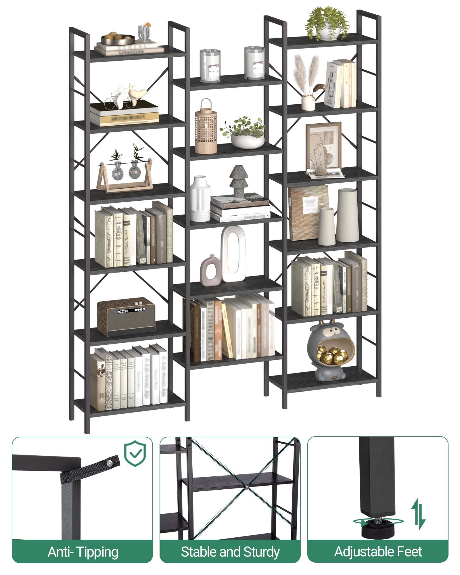 Hzuaneri Bookshelves, Freestanding Shelving Unit, Shelf with 17 Shelves, 6 Tiers, Adjustable Spacing, 24 x 152 x 186 cm, Load Capacity 340 kg, Living Room, Office, Black with Wood Grain BC10104B