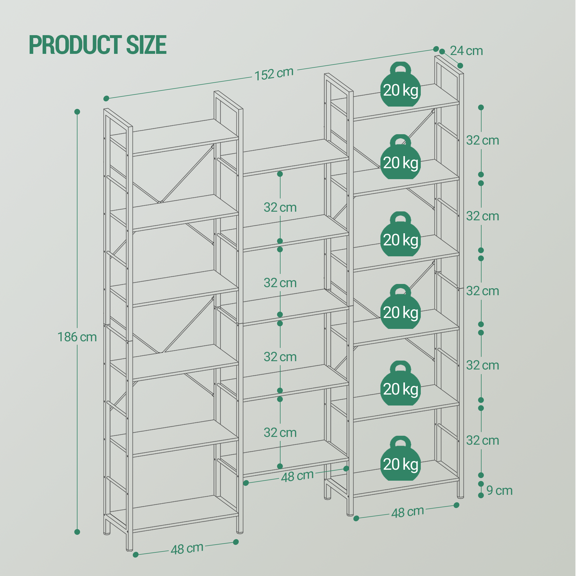 Hzuaneri 6-Tier Shelf Unit, Stem-Style Bookshelf with 17 Shelves, Adjustable Spacing, 24 × 152 × 186 cm, Metal Frame, for Living Room, Bedroom, Office, White Oak and White BC10116W