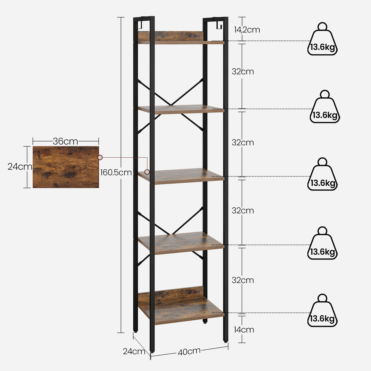 Hzuaneri Bookcase, 5-Tier Bookshelf, Narrow Bookcase Shelving Unit for
