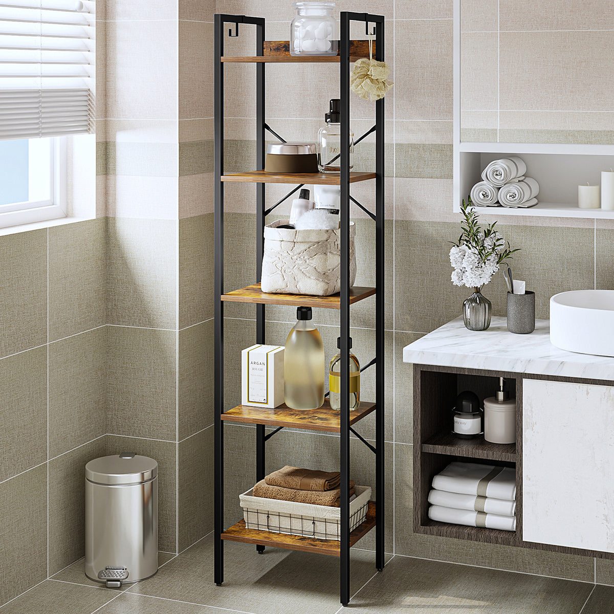 Hzuaneri Bookcase, 5-Tier Bookshelf, Narrow Bookcase Shelving Unit for