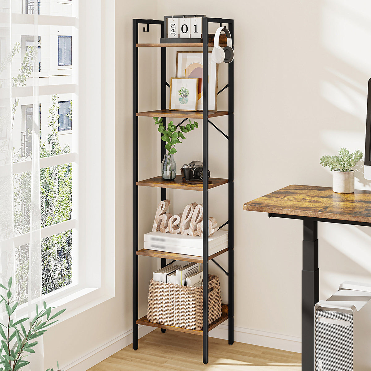 Hzuaneri Bookcase, 5-Tier Bookshelf, Narrow Bookcase Shelving Unit for