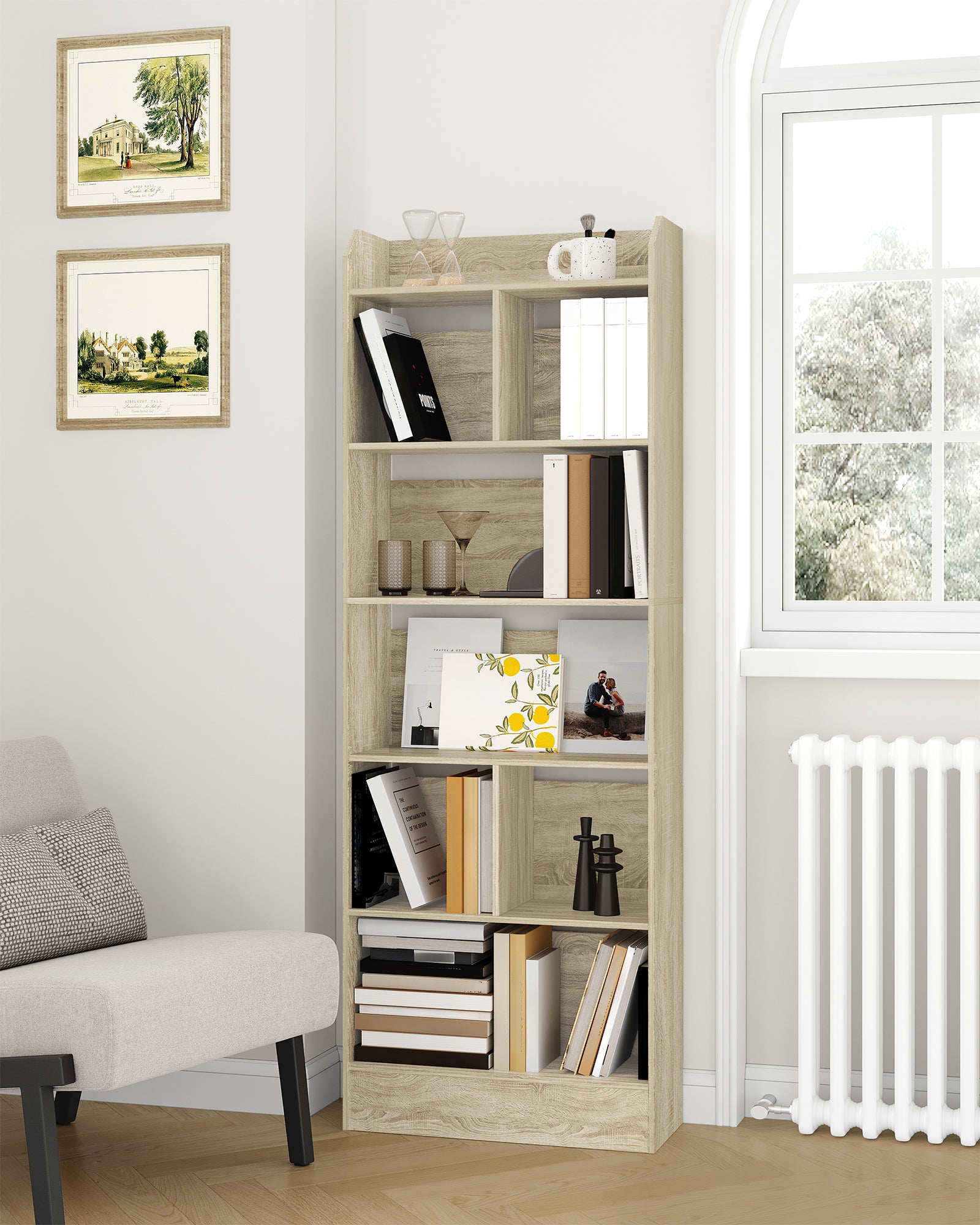 Hzuaneri Bookcase Bookcase with 6 Compartments Storage Shelf Standing Shelf for Living Room Office Bedroom 24 x 60 x 170 cm Oak Beige BC11116X