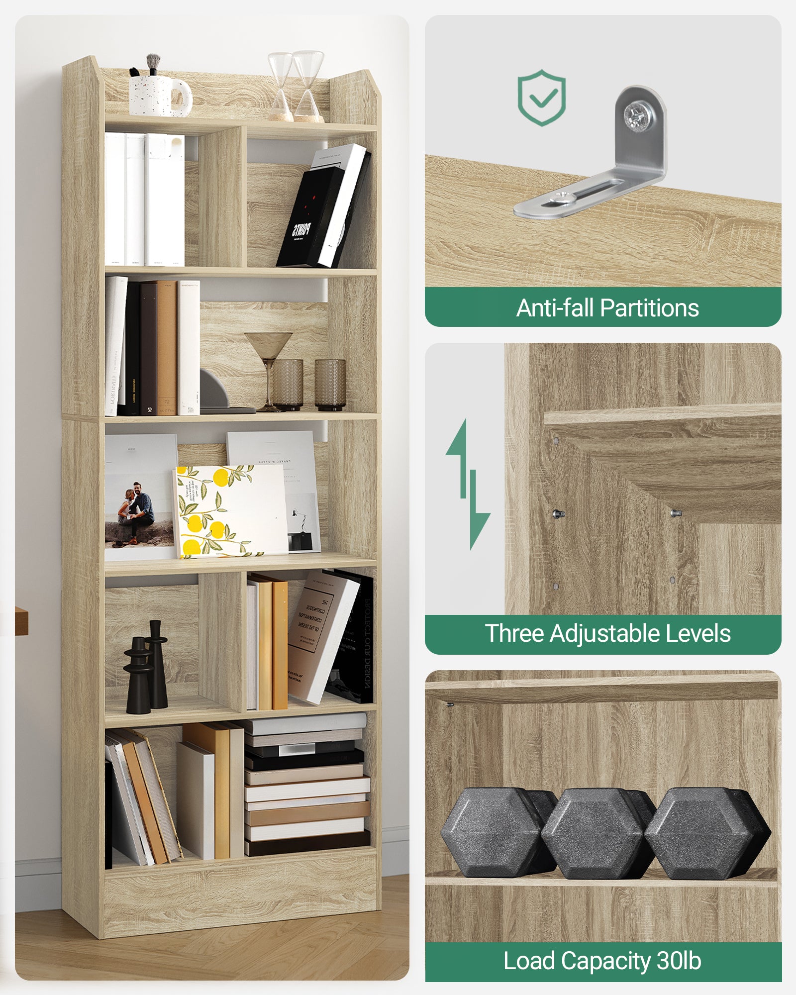 Hzuaneri Bookcase Bookcase with 6 Compartments Storage Shelf Standing Shelf for Living Room Office Bedroom 24 x 60 x 170 cm Oak Beige BC11116X