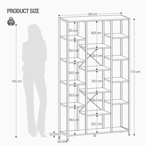 Hzuaneri  6-Level Bookshelf with 15 Adjustable Shelves, Vintage Brown-Black, 30 x 100 x 170 cm