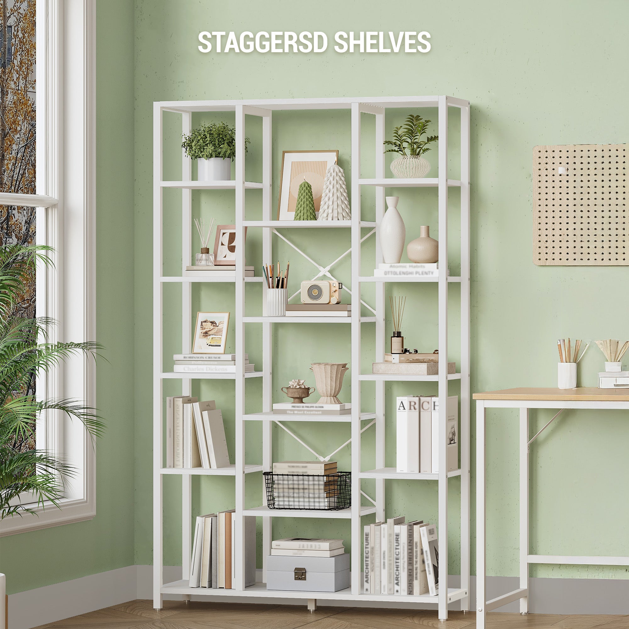 Hzuaneri Bookcase, 6-Tier Bookshelf with 15 Shelves, Large Adjustable Bookshelf, for Living Room, Office, Bedroom, Study, 30 x 100 x 170 cm, White BC15013W