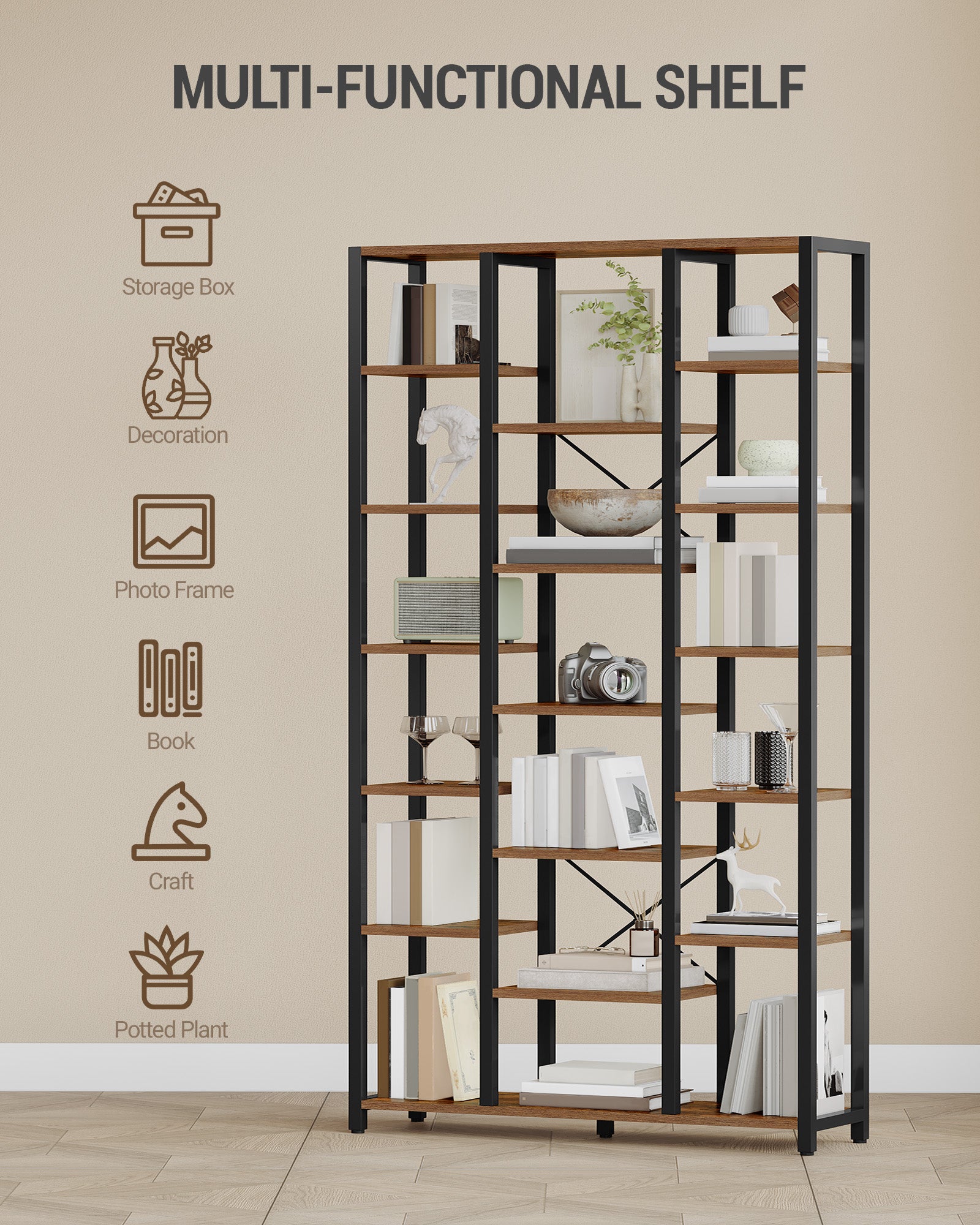 Hzuaneri Bookcase with 7 Tiers, 18 Shelves, Adjustable Open Shelves for Living Room, Office, Bedroom, 30 x 100 x 202 cm, Vintage Brown-Black BC15601B