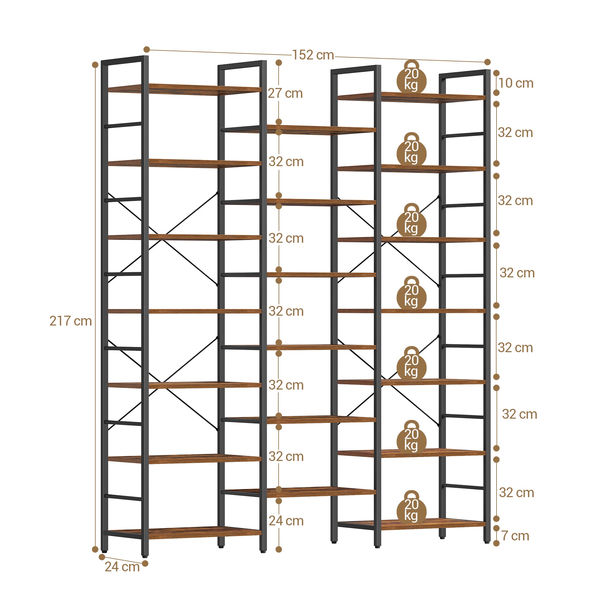 Hzuaneri BC17101B Bookcases, Standing Shelves with 20 Shelves, 7 Levels, Adjustable Spacing, 24 x 152 x 217 cm, Load Capacity 400 kg, Living Room, Office, Vintage Brown and Black  BC17101B