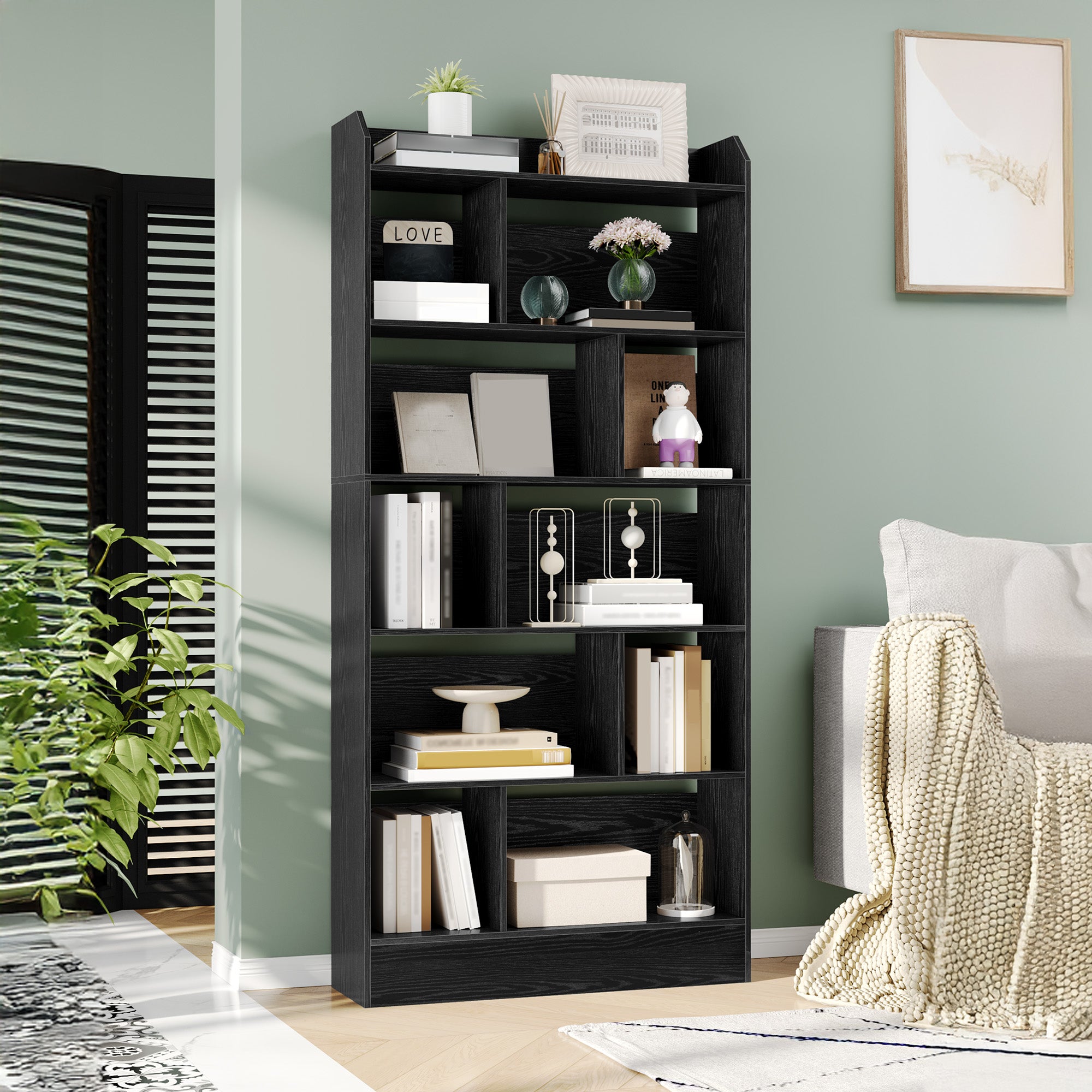 Hzuaneri Libreria a 6 Ripiani, Scaffale con Scomparti e Ripiani Aperti, Organizzatore, Libreria Verticale Mobiletto Multiuso per Soggiorno, Camera da Letto, Studio, 24 x 80 x 170 cm, Nero BC22804X