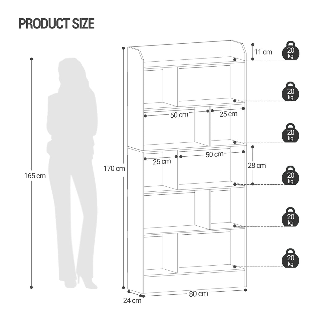 Hzuaneri Libreria a 6 Ripiani, Scaffale con Scomparti e Ripiani Aperti, Organizzatore, Libreria Verticale Mobiletto Multiuso per Soggiorno, Camera da Letto, Studio, 24 x 80 x 170 cm, Nero BC22804X