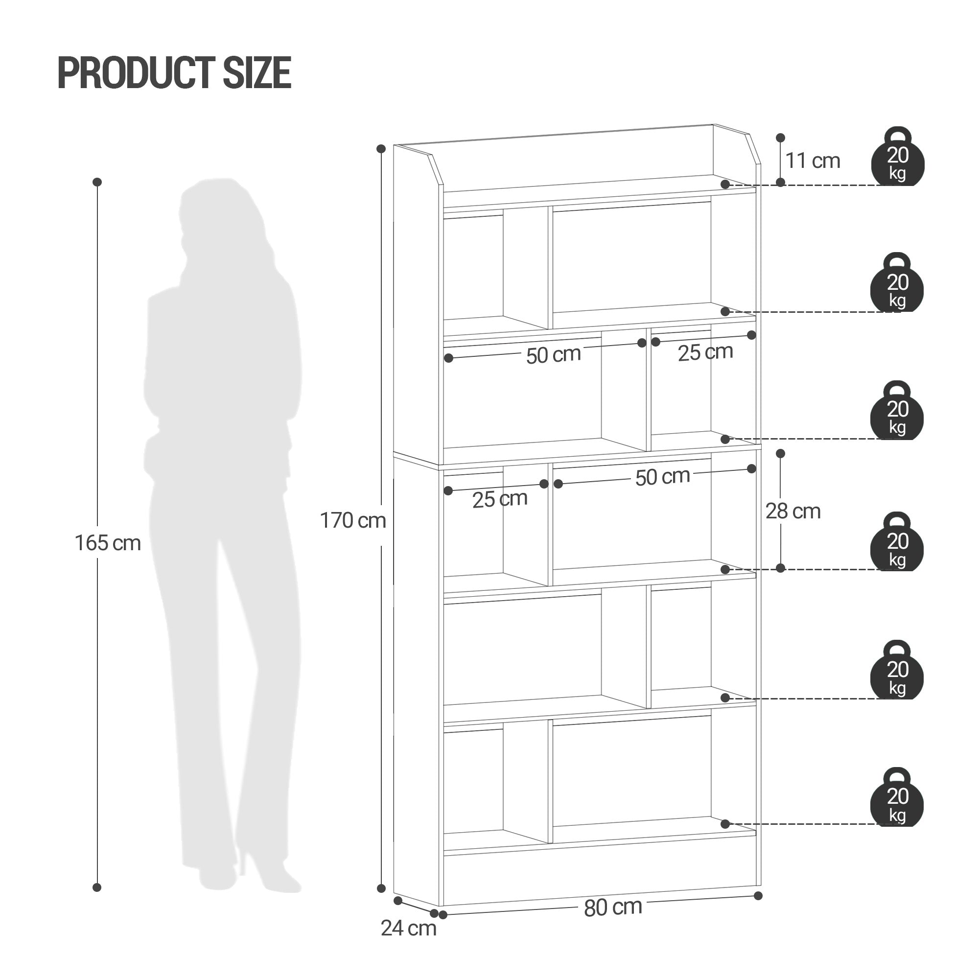 Hzuaneri Bookshelf, Bookcase, with 6 Shelves, Storage Shelf, Freestanding Shelf, for Living Room, Office, Bedroom, 24 x 80 x 170 cm, Oak Beige BC22816X