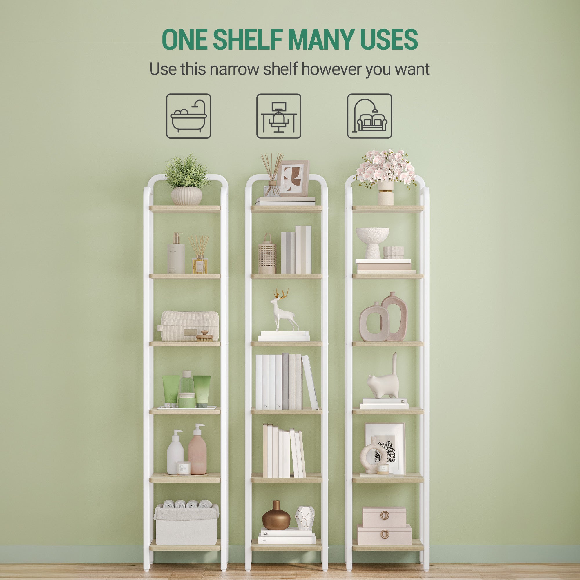 Hzuaneri Shelf, Bookcase, Standing Shelf, Narrow Shelf with 6 Shelves, Narrow Office Shelf, Corner Shelf for Office, Living Room, Bedroom, Kitchen, 30 x 33 x 166 cm, White Oak and White BC24616W