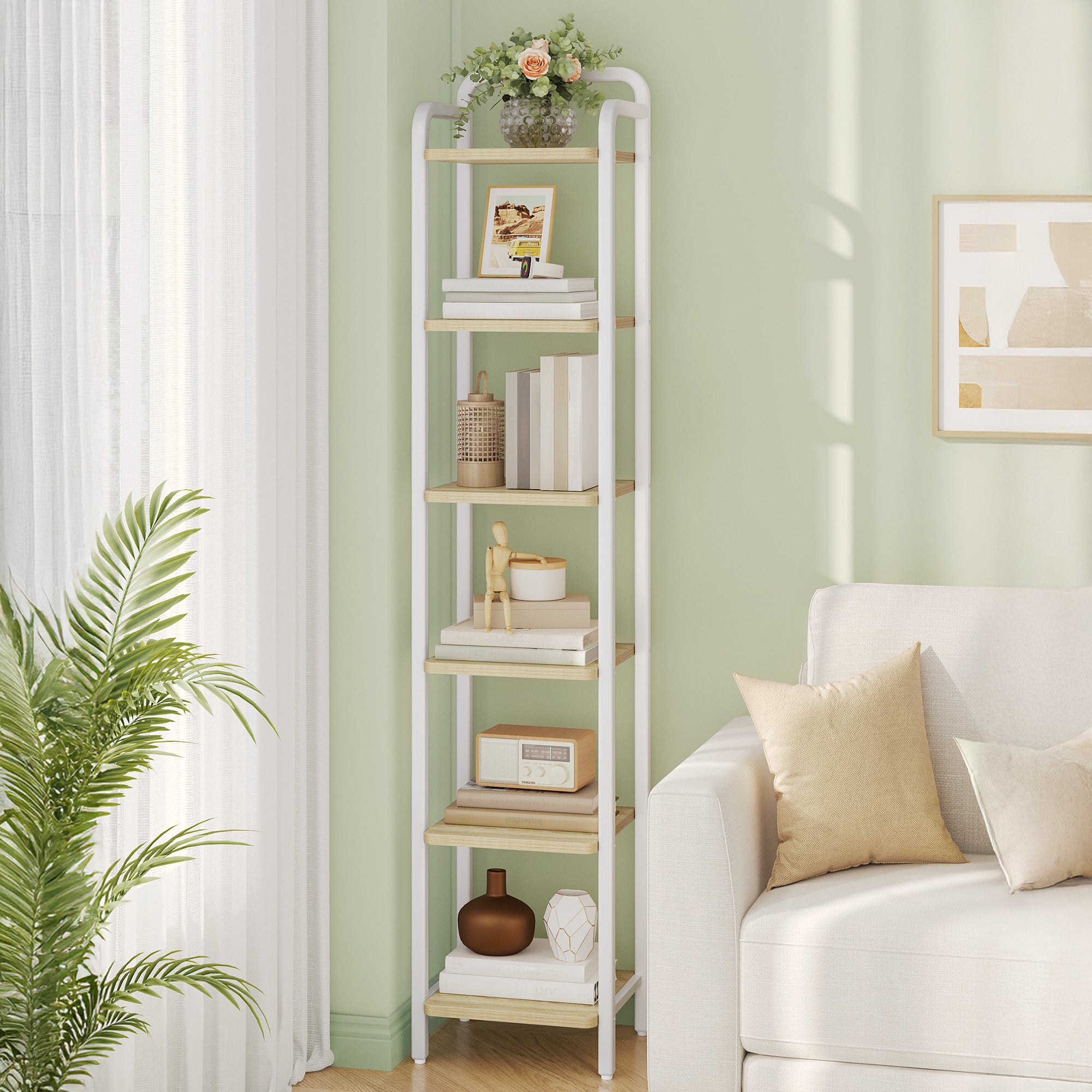 Hzuaneri Shelf, Bookcase, Standing Shelf, Narrow Shelf with 6 Shelves, Narrow Office Shelf, Corner Shelf for Office, Living Room, Bedroom, Kitchen, 30 x 33 x 166 cm, White Oak and White BC24616W
