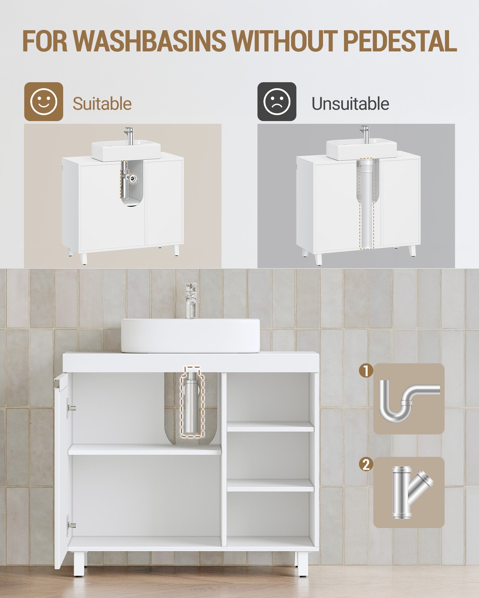 Hzuaneri vanity unit, 30 x 70 x 64 cm, bathroom cabinet with 1 door and 3 open compartments, base cabinet with adjustable shelves, freestanding vanity unit, white BC27903X