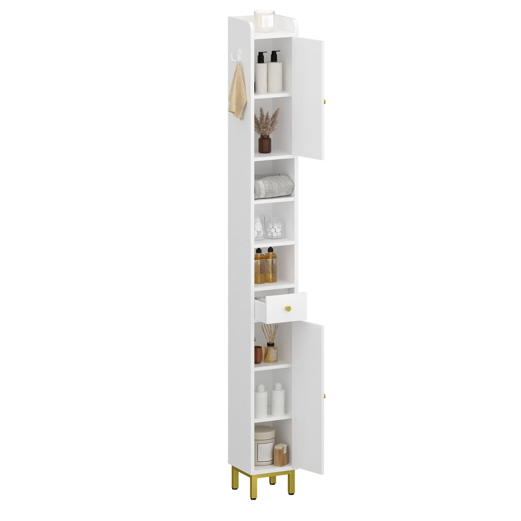Hzuaneri Bathroom Cabinet, Tall Bathroom Cabinet, 2 Doors and Drawer, White