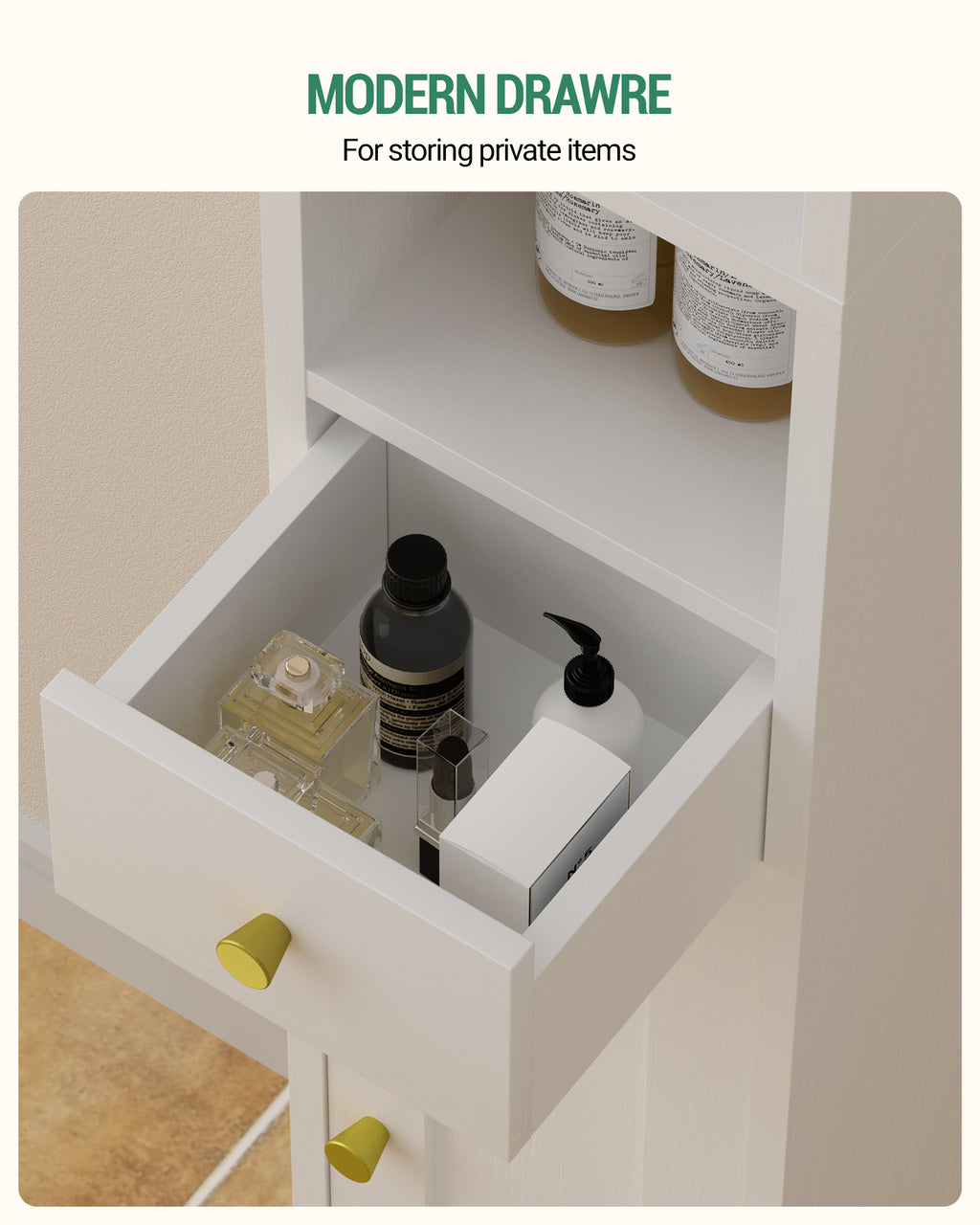 Hzuaneri Bathroom Cabinet, Tall Bathroom Cabinet, 2 Doors and Drawer, White