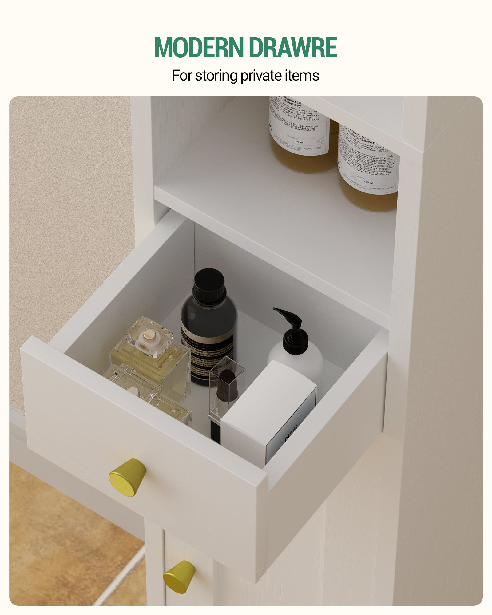 Hzuaneri Bathroom Cabinet, Tall Bathroom Cabinet, 2 Doors and Drawer, White