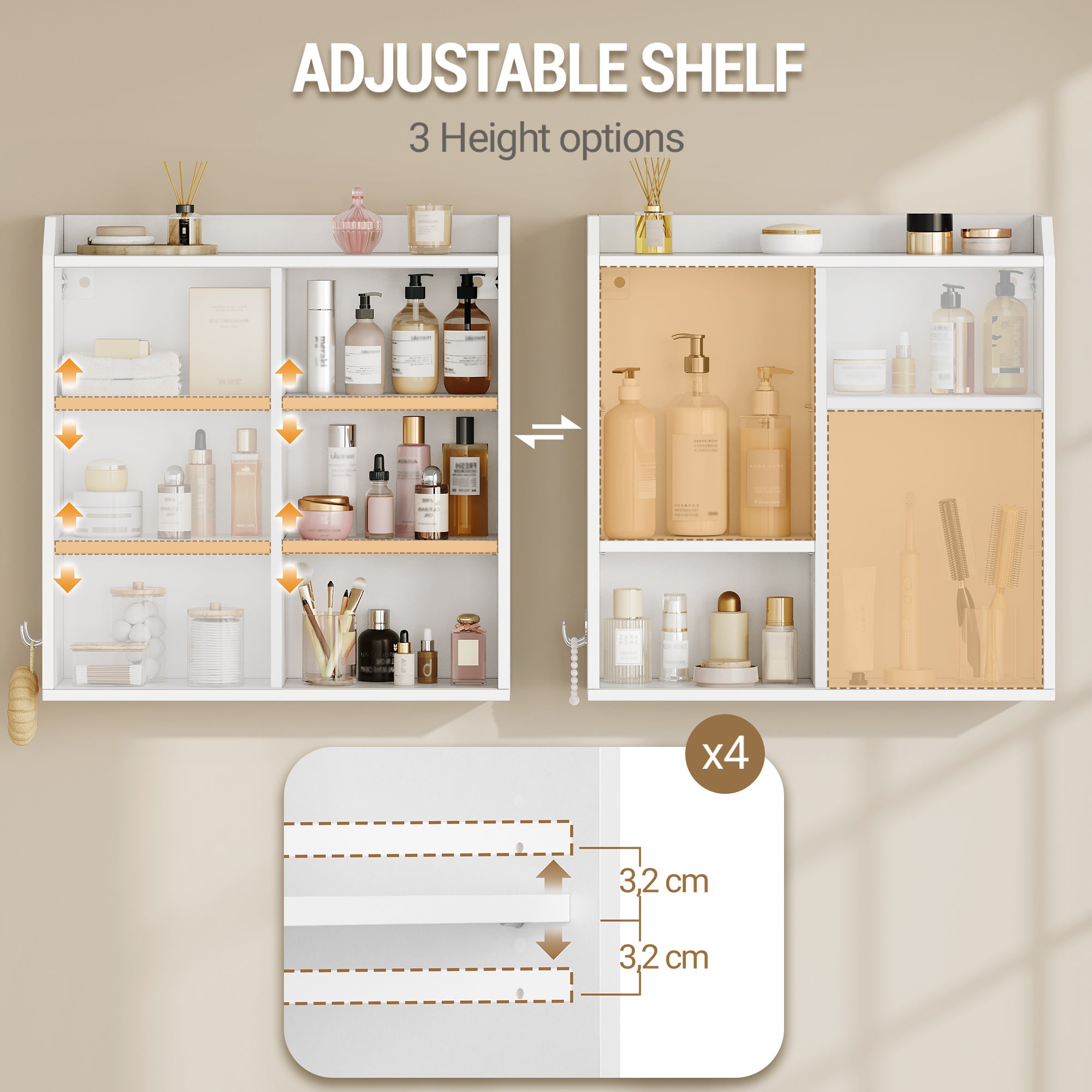 Hzuaneri Wall Cabinet with Adjustable Shelves with Sliding Doors and Open Shelves, Wall Mounted Bathroom Cabinet, 20 x 60 x 60 cm, White BC30203X
