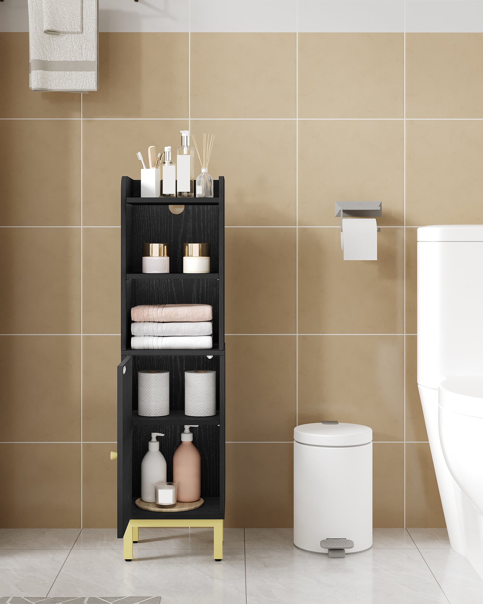 Hzuaneri Bathroom Cabinet, Small Corner Floor Cabinet with Door and Shelves, Narrow Toilet Paper Cabinets, Bathroom Organizer with Adjustable Shelf, for Small Spaces, Black, BC38204G