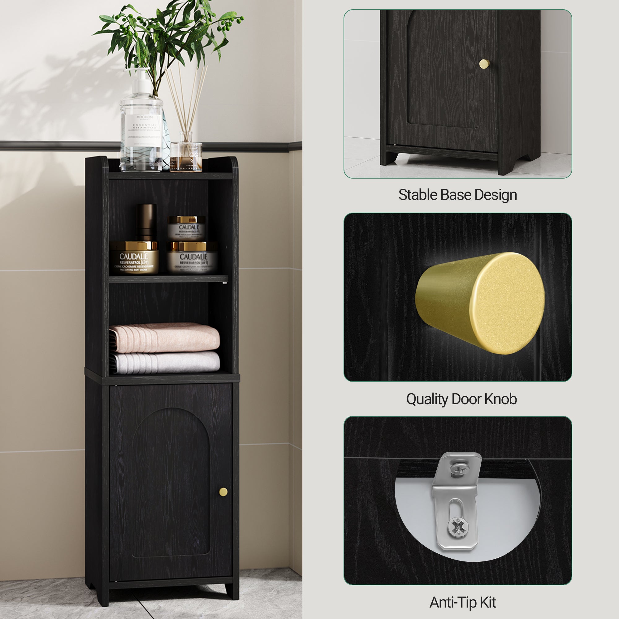 Hzuaneri Bathroom Cabinet, Storage Unit with Doors, Corner Cabinet with Adjustable Shelves, Toilet Cabinet, 20 x 25 x 80 cm, Black BC39704X