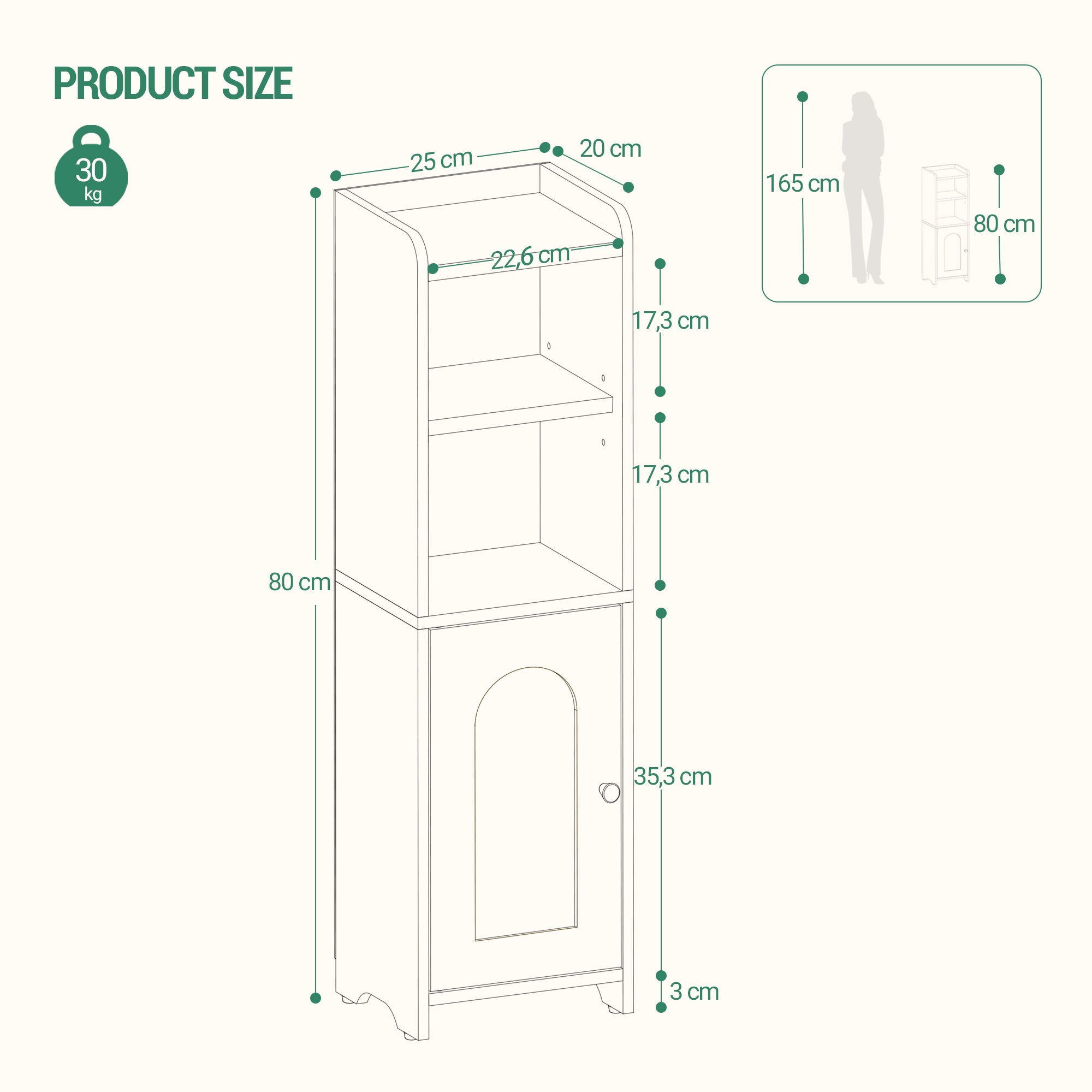 Hzuaneri Bathroom Cabinet, Storage Unit with Doors, Corner Cabinet with Adjustable Shelves, Toilet Cabinet, 20 x 25 x 80 cm, Black BC39704X