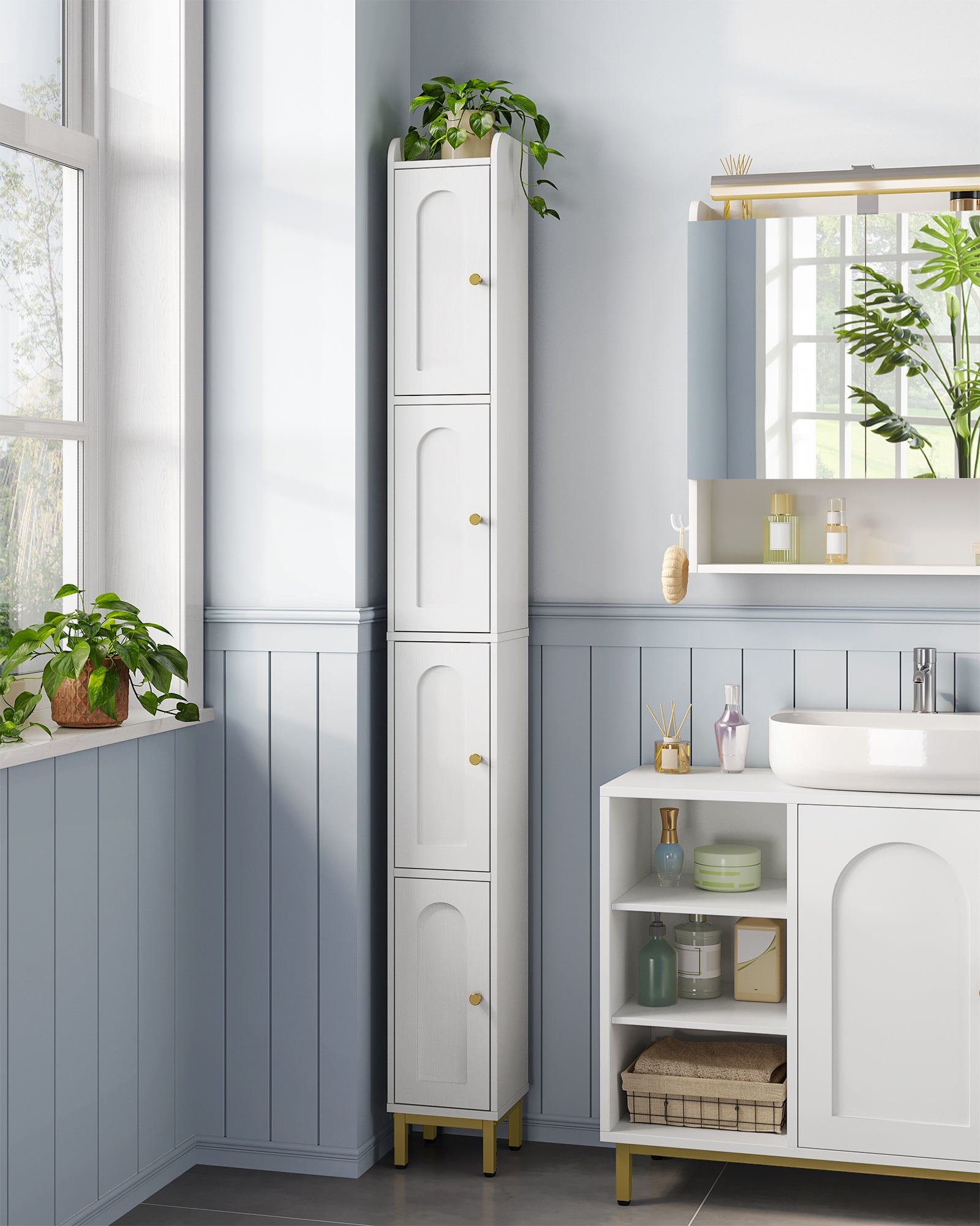 Hzuaneri Bathroom Cabinet, Tall Bathroom Cabinet with 4 Doors, Slim Bathroom Cabinet, Narrow Tall Bathroom Cabinet, Adjustable Shelves, Living Room, Kitchen, Bedroom, 20 x 20 x 180 cm, White BC42213G