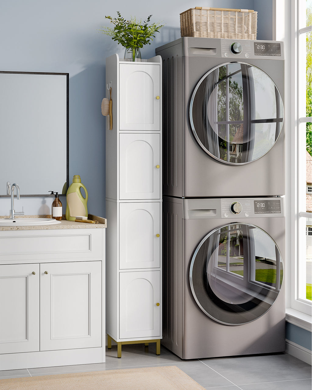 Hzuaneri Bathroom Cabinet, Tall Bathroom Cabinet with 4 Doors, Slim Bathroom Cabinet, White