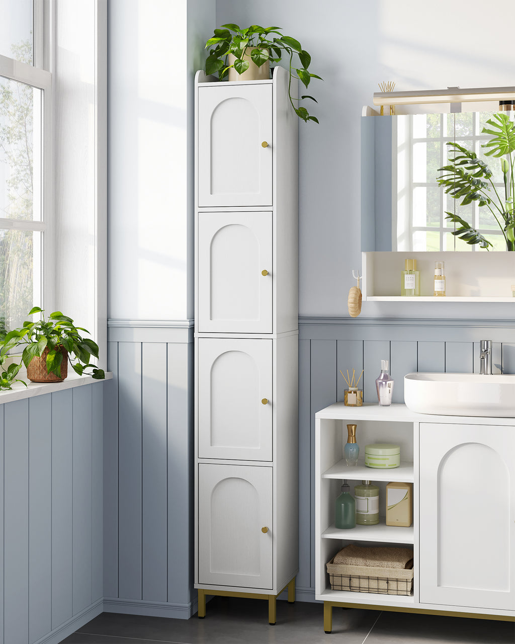 Hzuaneri Bathroom Cabinet, Tall Bathroom Cabinet with 4 Doors, Slim Bathroom Cabinet, White
