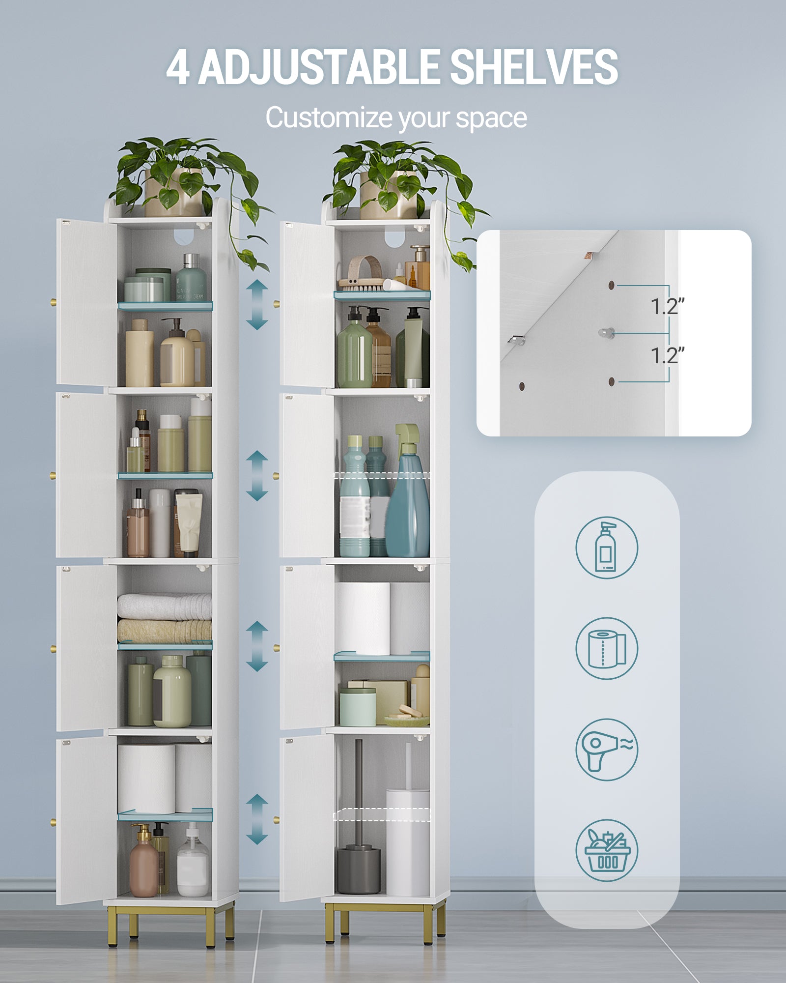 Hzuaneri Bathroom Cabinet, Tall Bathroom Cabinet with 4 Doors, Slim Bathroom Cabinet, White