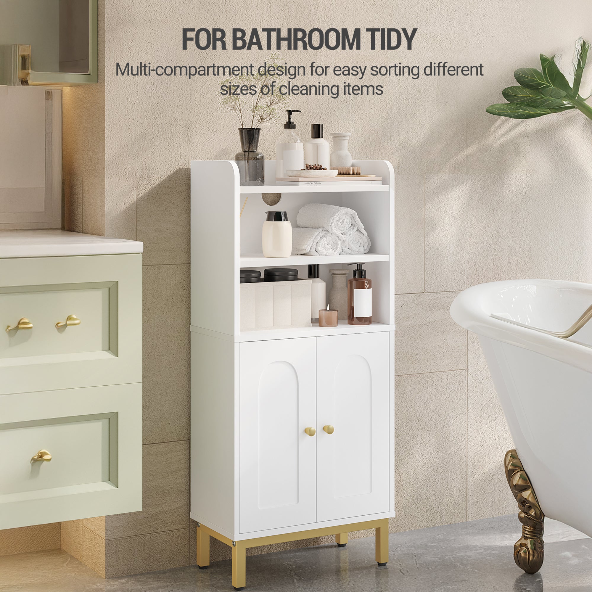 Hzuaneri Bathroom Storage Cabinet, Slim Bathroom Floor Cabinet with 2 Door and Adjustable Shelf, Wooden Freestanding Storage Unit for Dining Kitchen Living Room, White, BC48213G