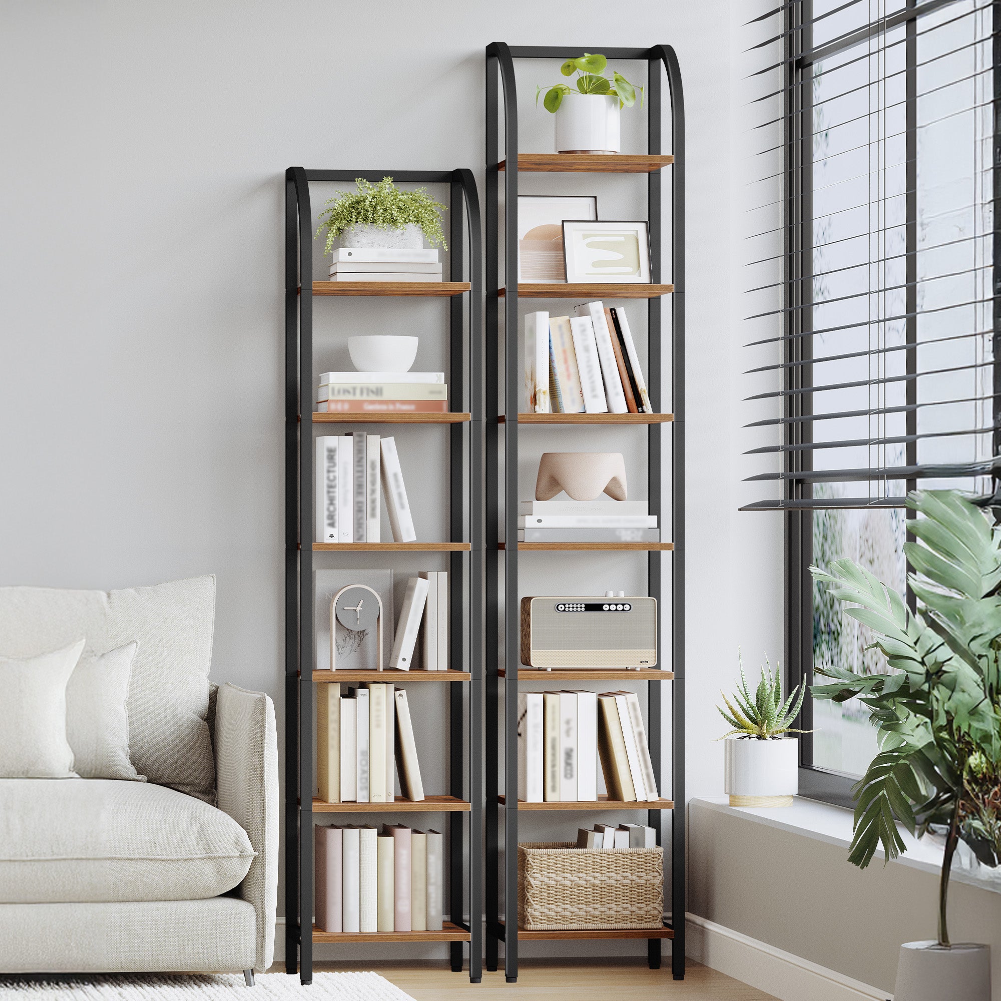 Hzuaneri Bookcase, 7-Tier Bookshelf, Narrow Bookcase Shelving Unit for Living Room, Office, Sturdy, Bedroom, 30 x 33.6 x 208.5 cm, Industrial, Rustic Brown and Black, BC57001B
