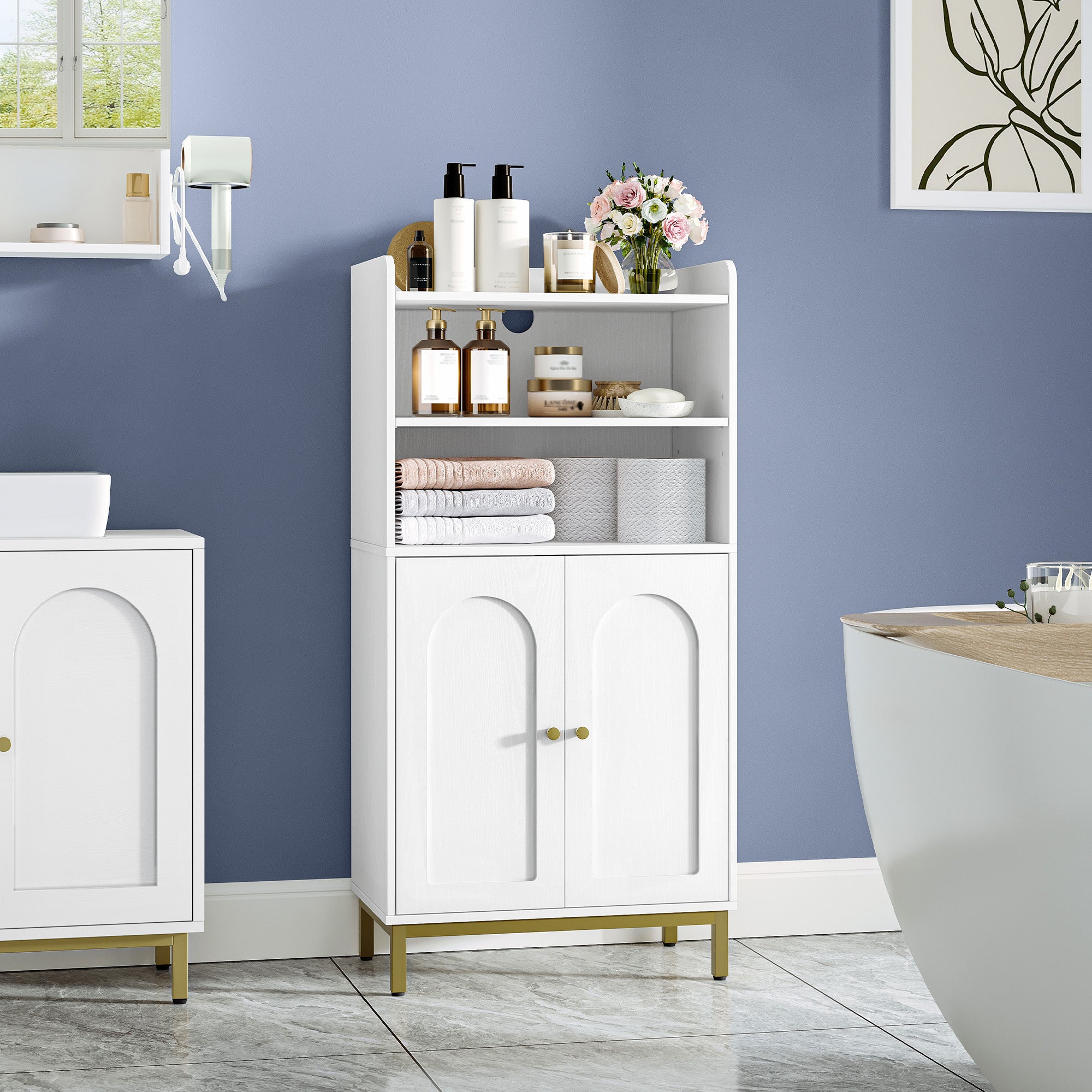 Hzuaneri Bathroom Cabinet, Bathroom Storage Unit, Kitchen Cabinet with 2 Open Compartments, 2 Doors, 2 Adjustable Shelves, Freestanding Bathroom, 30 x 50 x 100 cm, White-Gold BC58213G