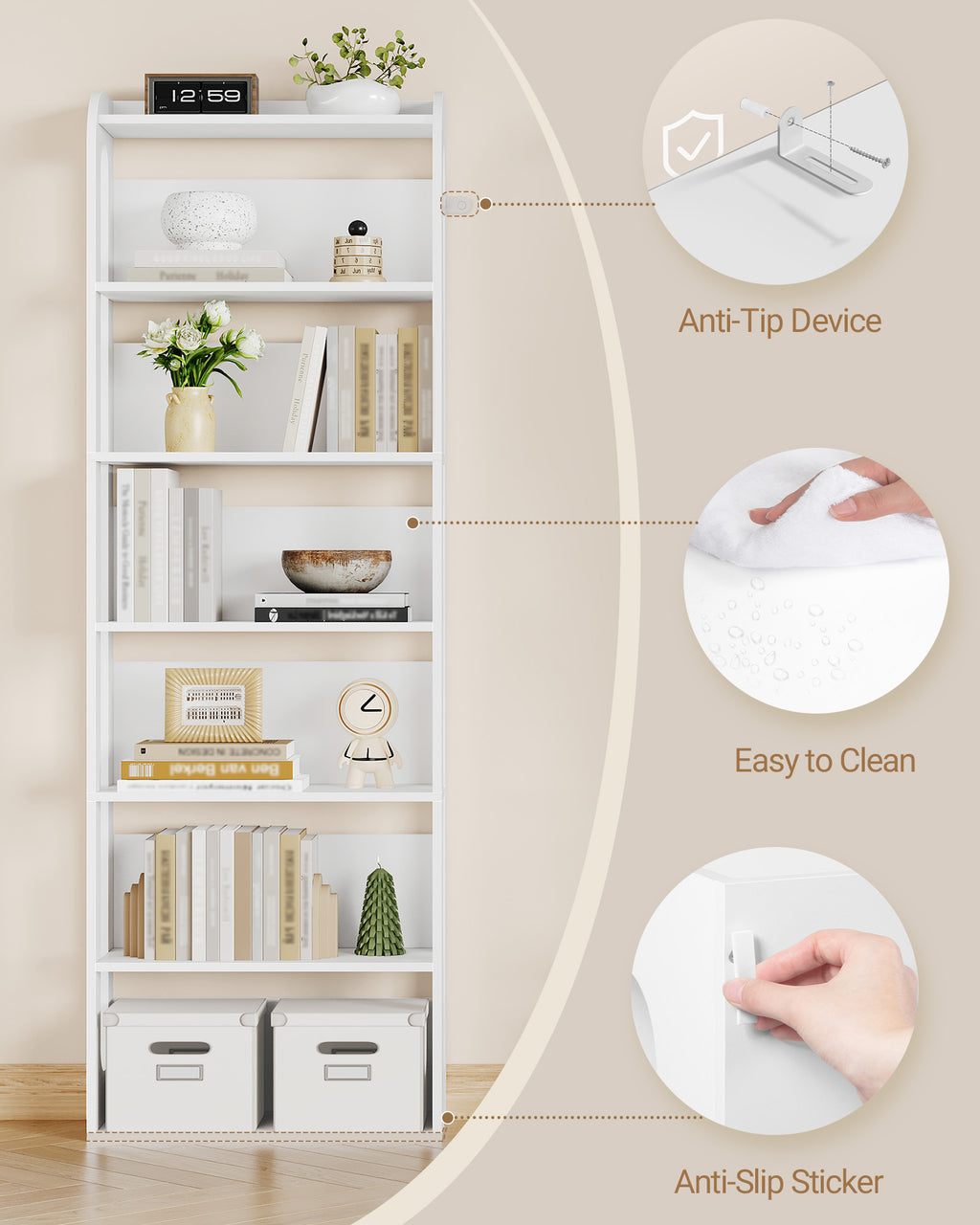 Hzuaneri 7-Tier Wooden Bookshelf, 24x60x182cm Standing Shelf for Bedroom, Living Room & Study, White