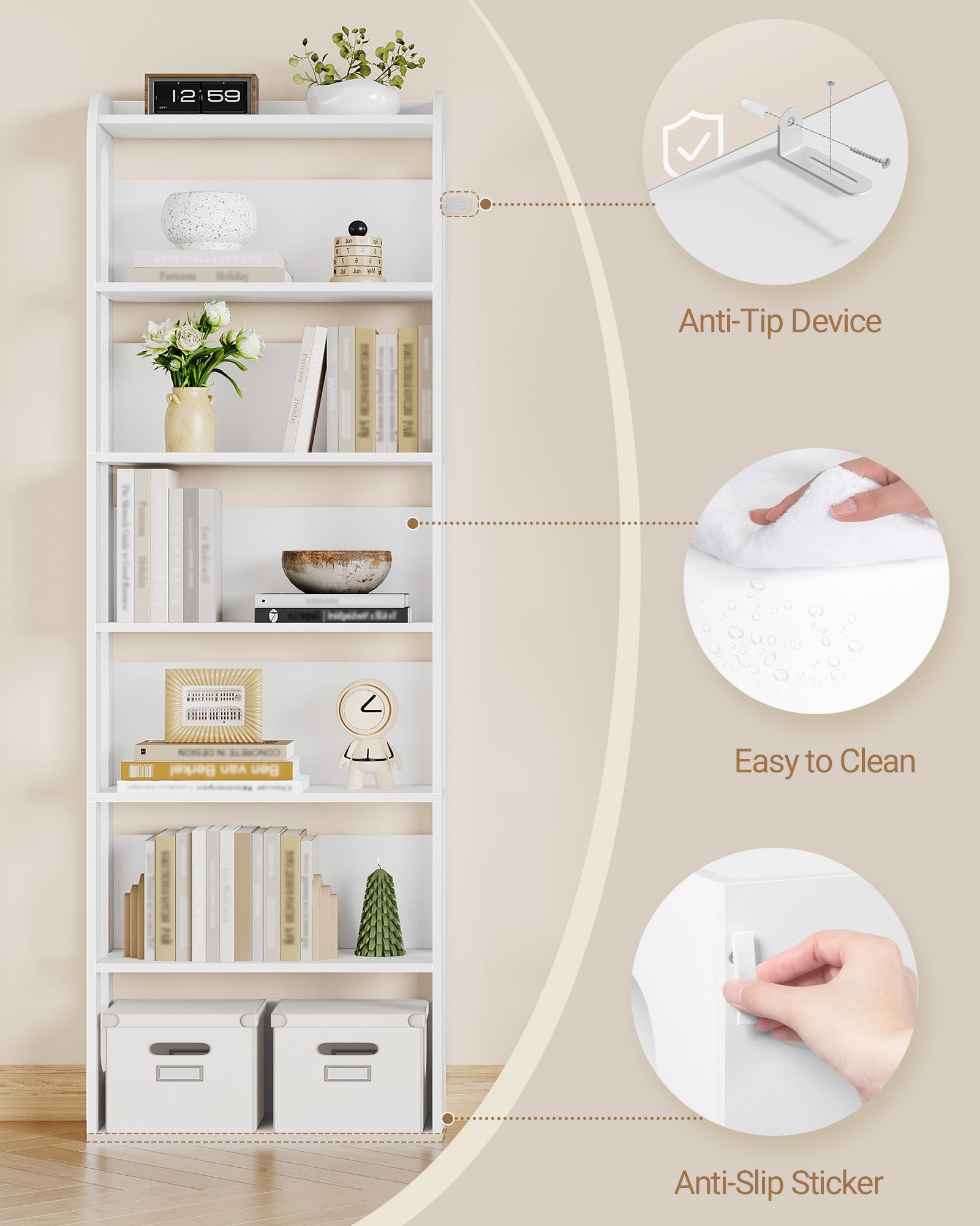 Hzuaneri 7-Tier Wooden Bookshelf, 24x60x182cm Standing Shelf for Bedroom, Living Room & Study, White