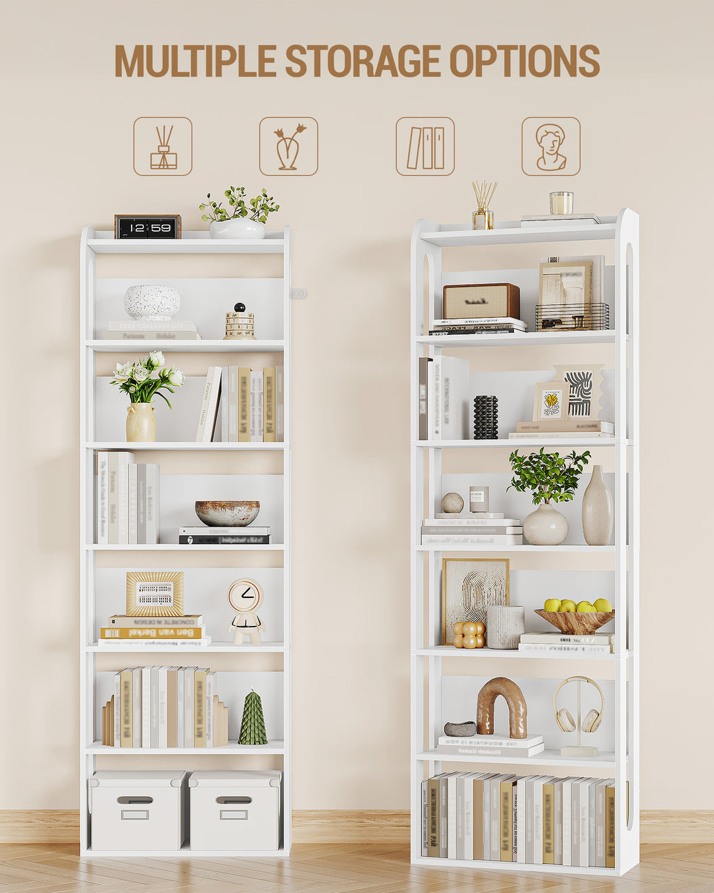 Hzuaneri 7-Tier Wooden Bookshelf, 24x60x182cm Standing Shelf for Bedroom, Living Room & Study, White