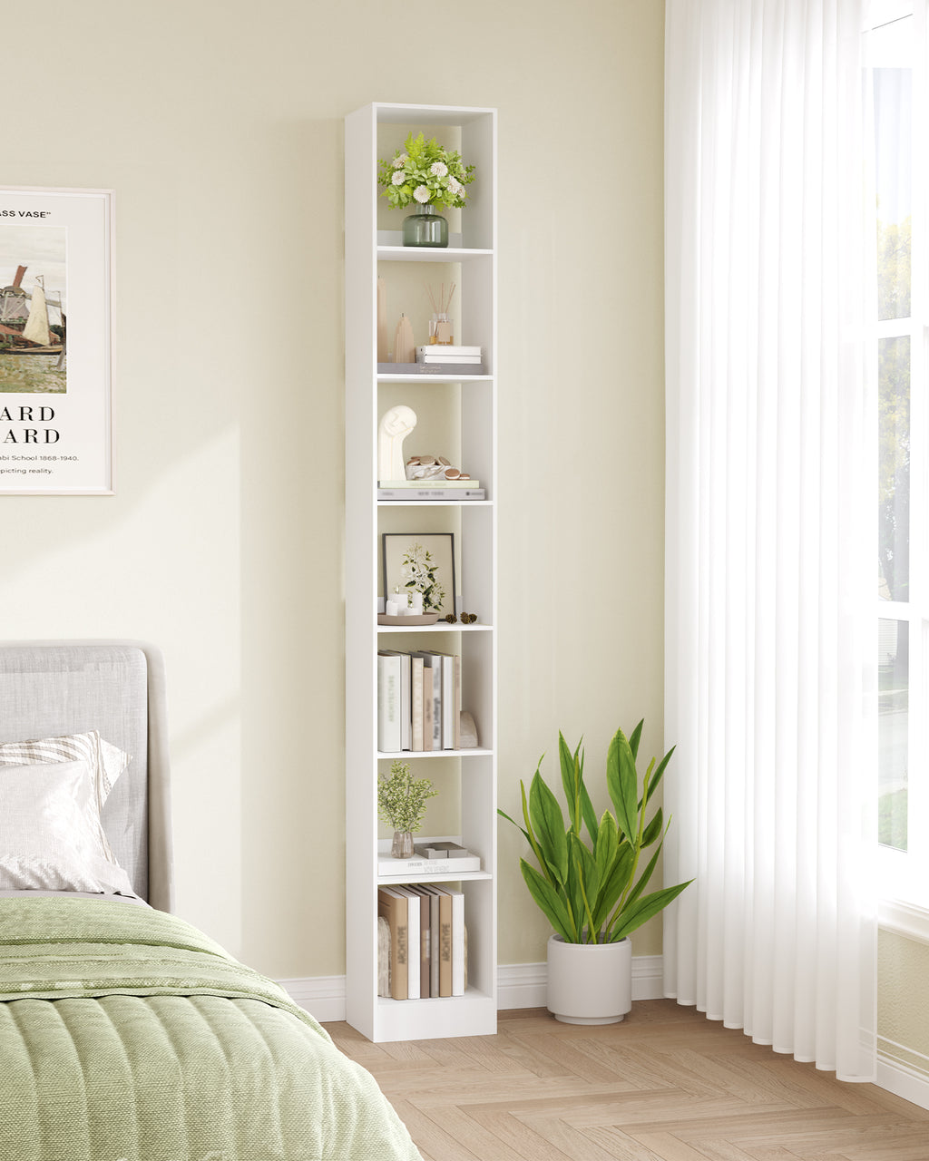 Hzuaneri 7-Tier Cube Bookcase, Modern Open Wooden Shelf for Living Room, Home Office & Bedroom, White