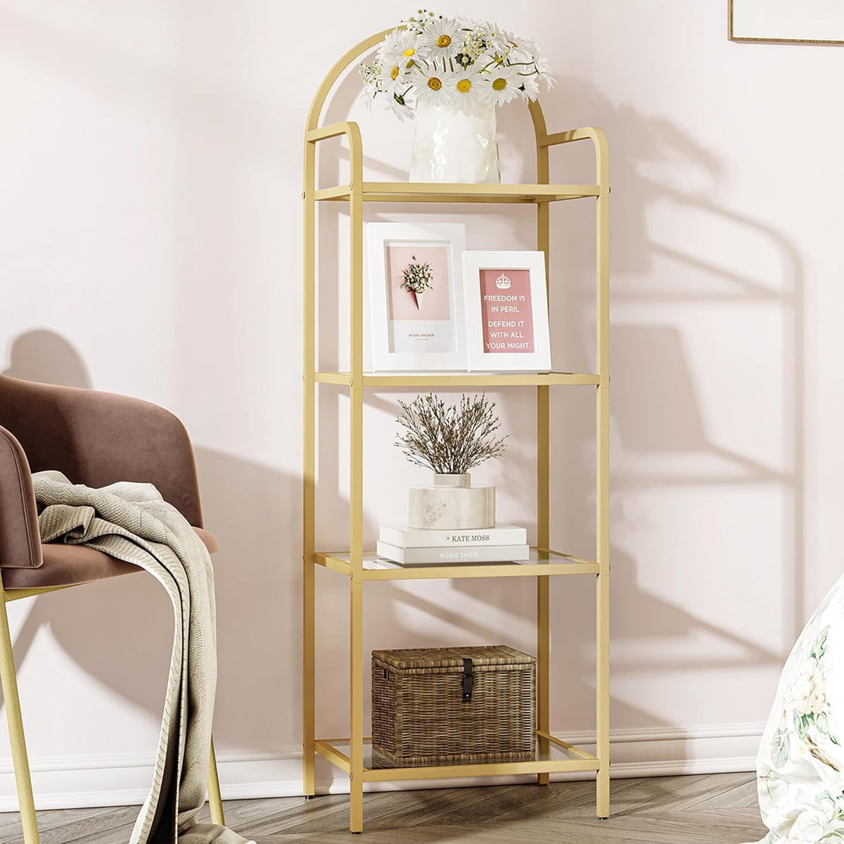 Hzuaneri 4-Tier Bookcase Bookshelf, Tempered Glass Bookshelves, Slim Shelving Unit for Bedroom, Bathroom, Home Office, Steel Frame, Gold, 48in Tall