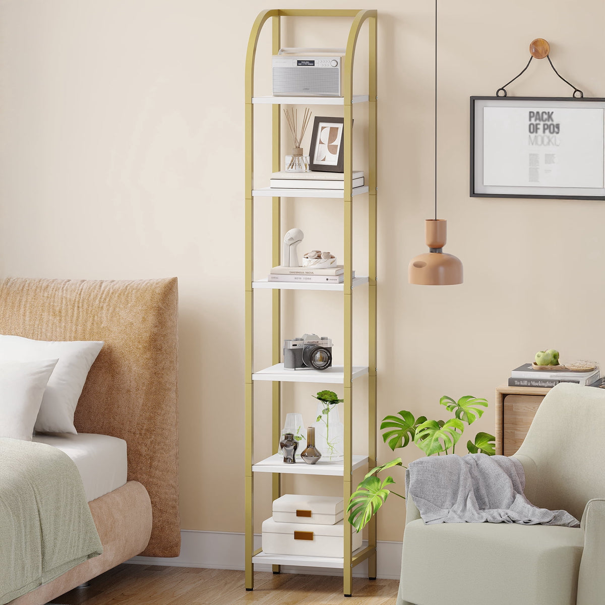 Hzuaneri Bookshelf Bookcase Narrow Bookcase Shelf Organizer with Steel Frame for Study Living Room Bedroom Kitchen Home Office Industrial Bookshelf 6-Tier White Gold