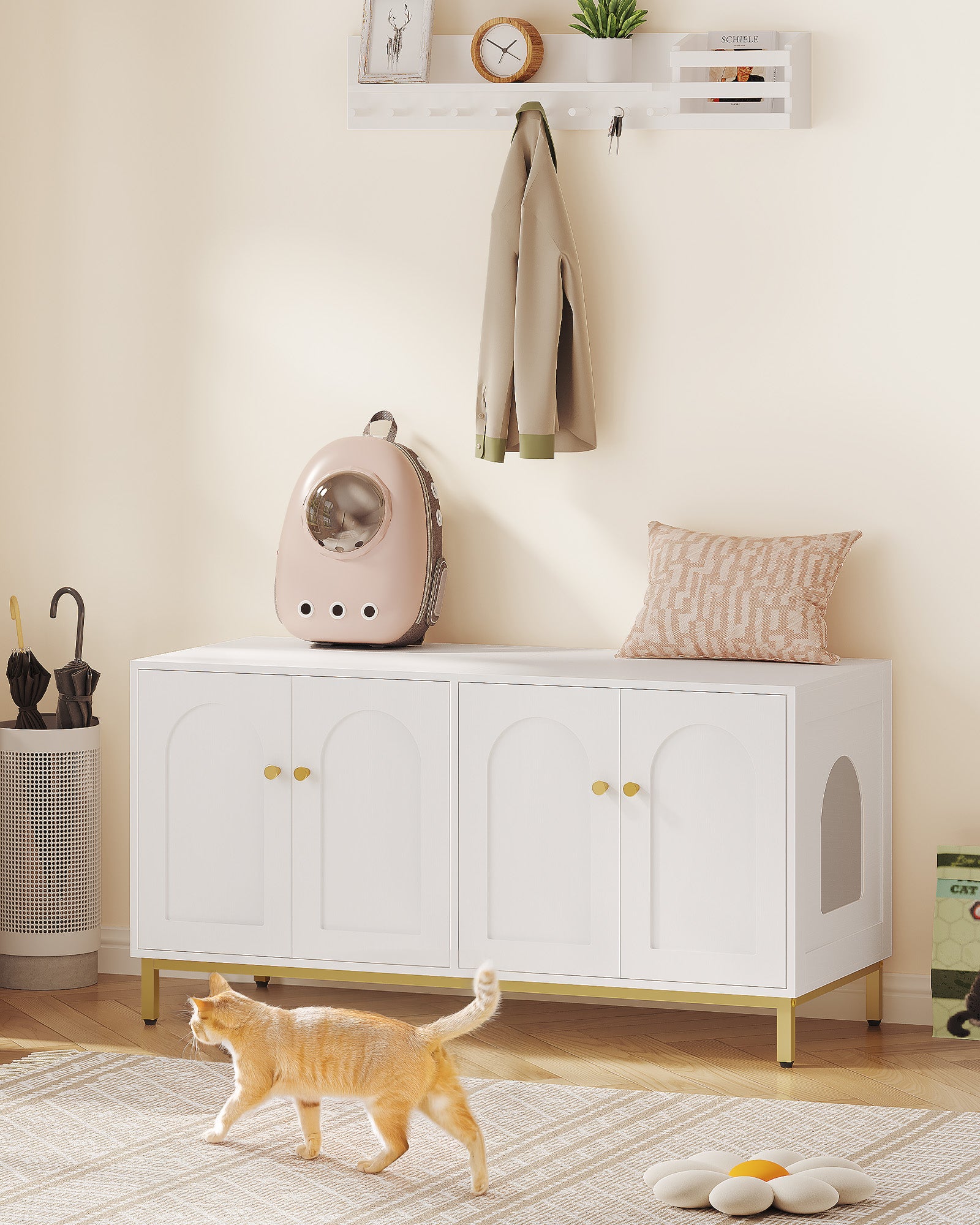 Hzuaneri Cat Cabinet for 2 Cats, 119cm Hidden Litter Box Furniture, Wooden Pet House, Storage Cabinet Bench, Fits Most Litter Boxes, White and Gold CB82313A