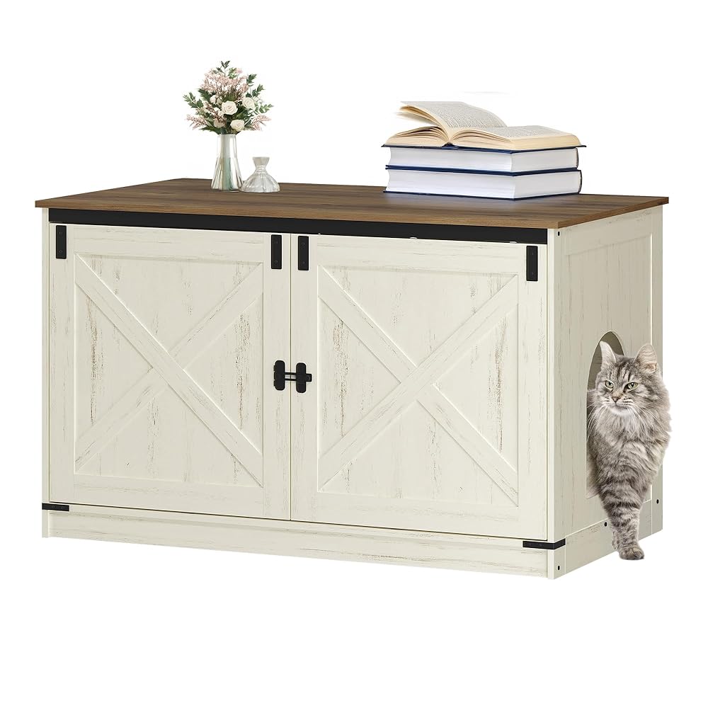 Hzuaneri 39.4 inch Cat Litter Box Enclosure, Hidden Litter Box Furniture Cabinet with Cushion for Cat, Wooden Cat House Reversible Entrance Left or Right Side, Rustic White and Brown