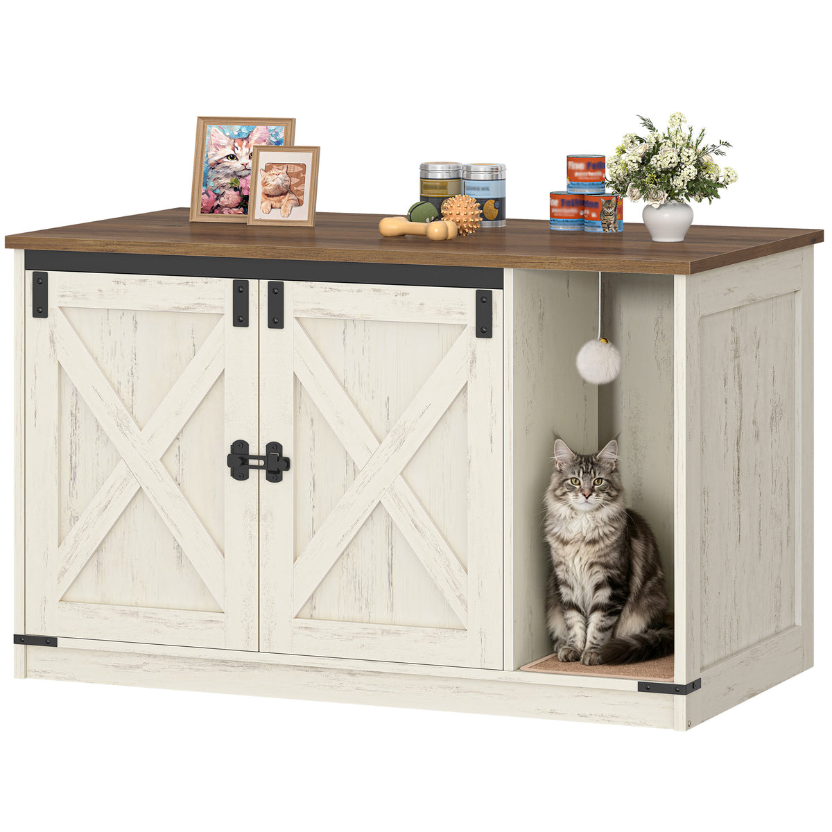Hzuaneri 31.5" Cat Litter Box Enclosure, Hidden Cabinet Furniture with Bell for Indoor Cat, Farmhouse Style, White