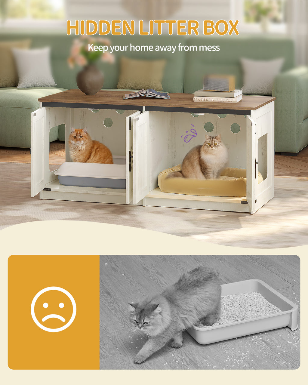 Hzuaneri Cat Cabinet, Cat Litter Box Cabinet for 2 Cats, Hidden Cat Litter Box Cabinet, Brown and White