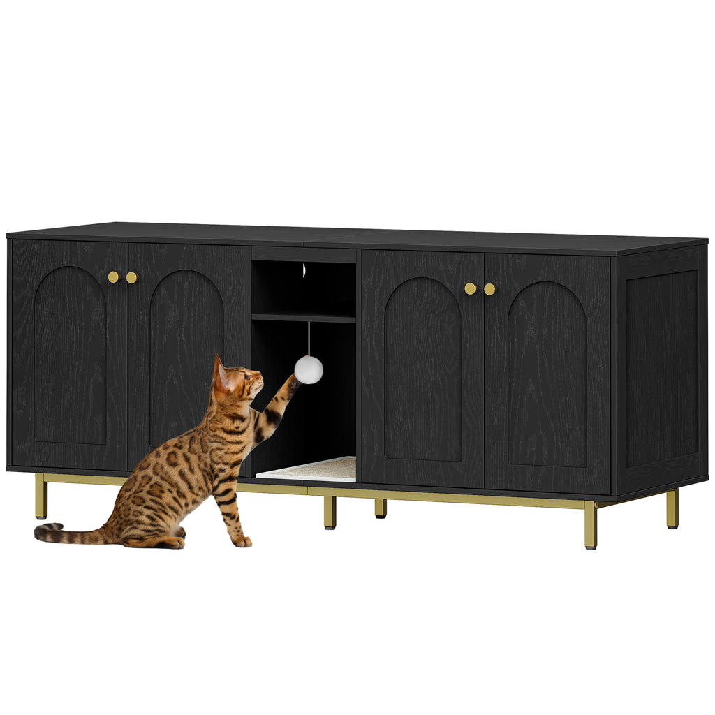 Hzuaneri Cat Litter Box Enclosure for 2 Cats, 55" Hidden Litter Boxes with Double Room, Storage, Plush Ball, Wooden Cat Washroom Furniture, White Gold