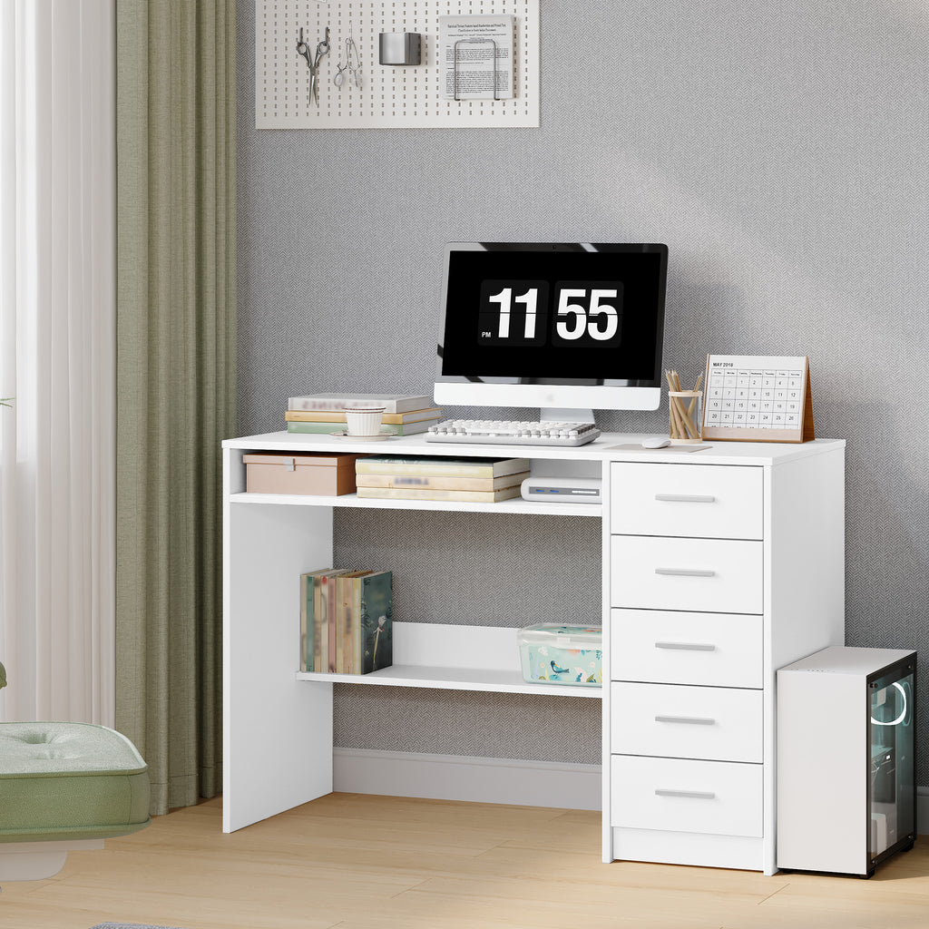 Hzuaneri Computer Desk with 5 Drawers, Office Desk, Modern Table with Shelf for Study, Office, Bedroom, 50 x 108 x 75 cm, White CD10503X