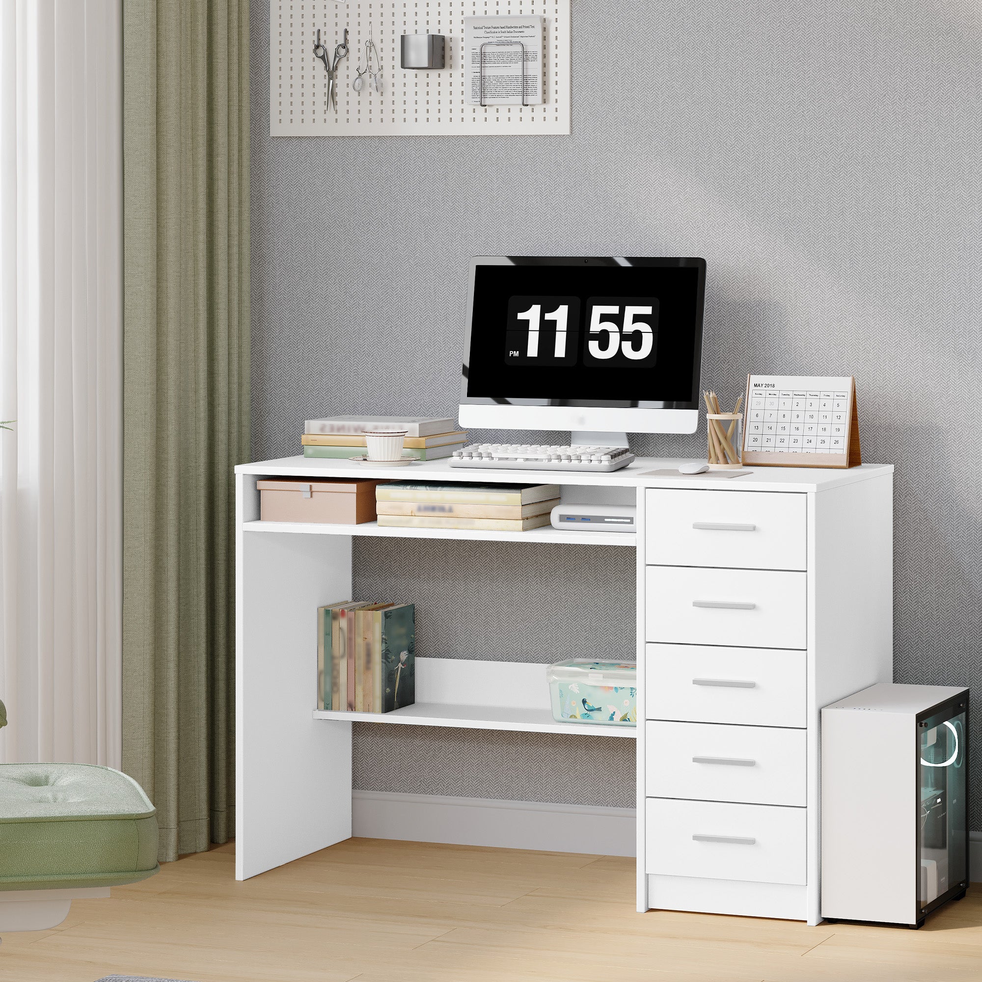 Hzuaneri Computer Desk with 5 Drawers, Office Desk, Modern Table with Shelf for Study, Office, Bedroom, 50 x 108 x 75 cm, White CD10503X