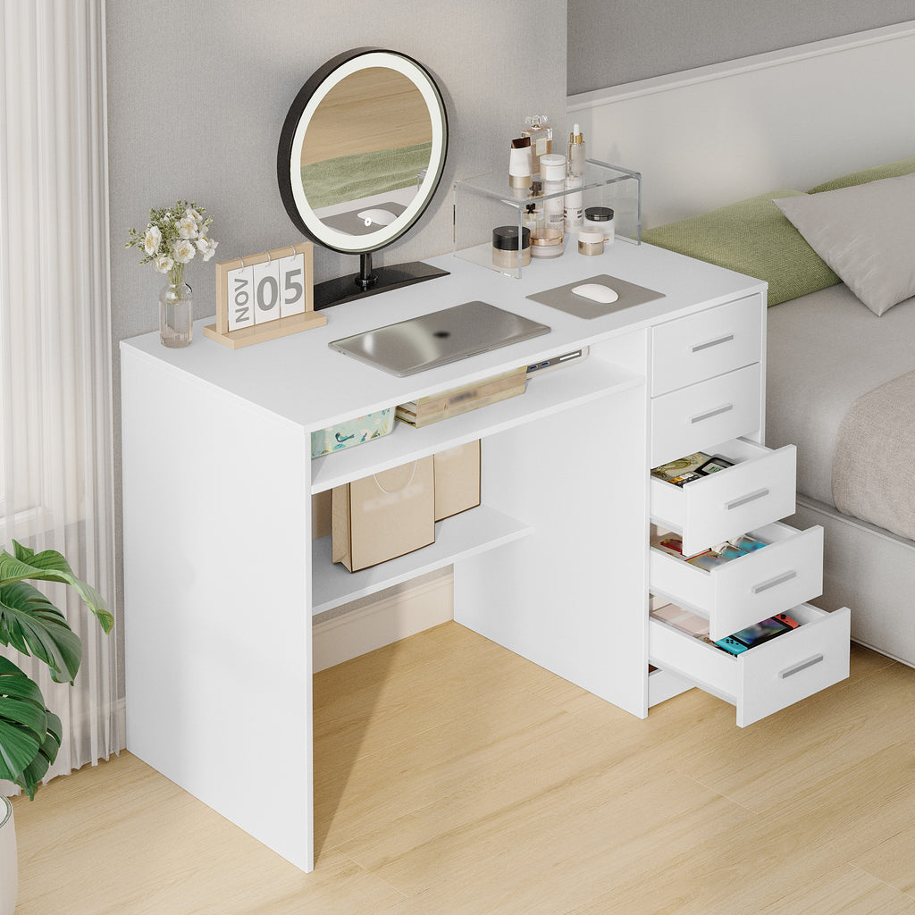 Hzuaneri Computer Desk with 5 Drawers, Office Desk, Modern Table with Shelf for Study, Office, Bedroom, 50 x 108 x 75 cm, White CD10503X